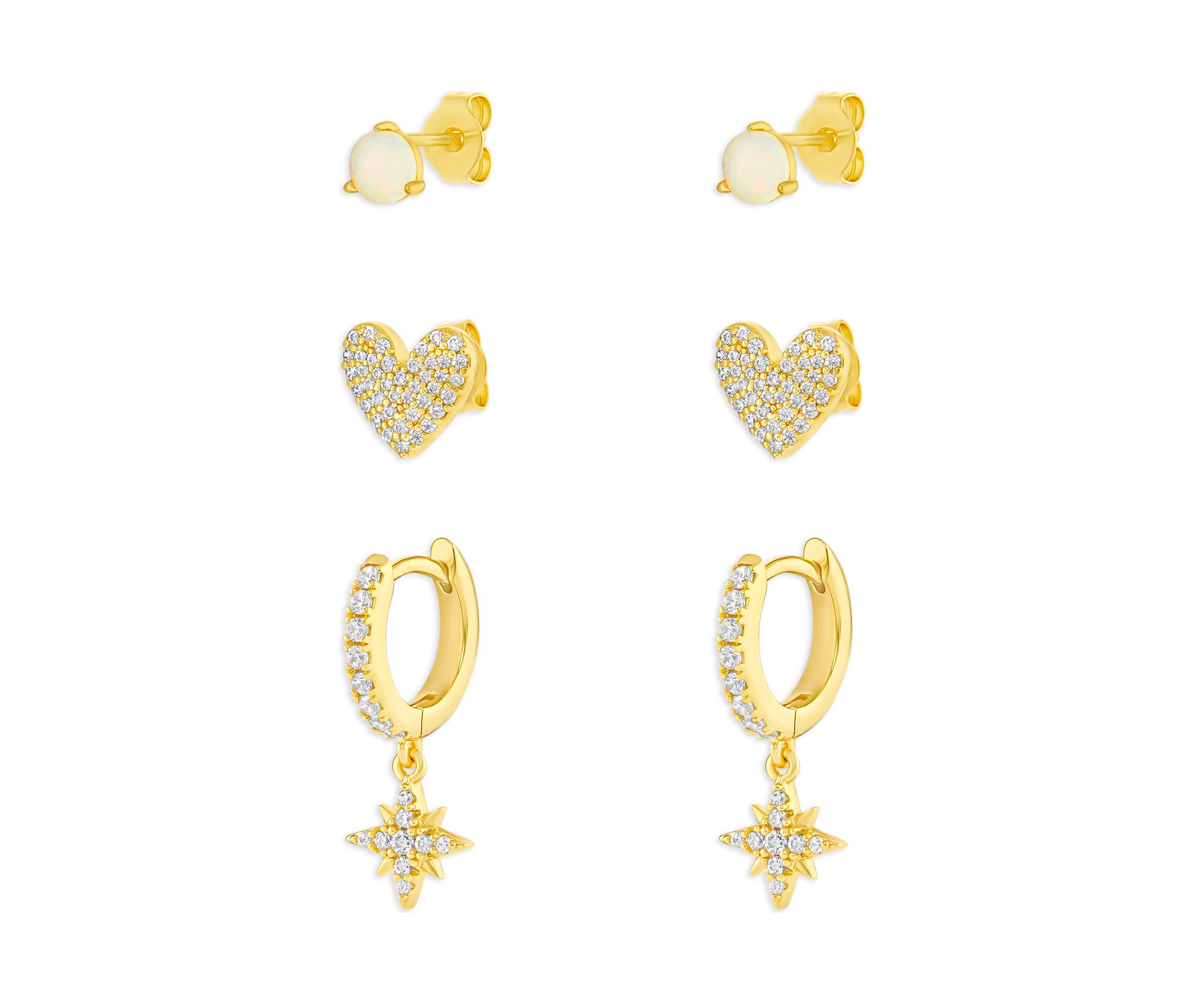 Gold Plated Cubic Zirconia Round Opal Pave Cubic Zirconia Hearts Studs Starburst Huggie Earrings Set
