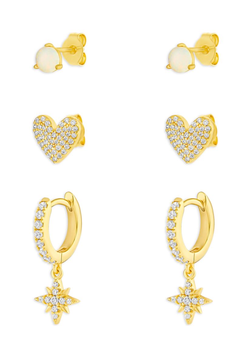 Gold Plated Cubic Zirconia Round Opal Pave Cubic Zirconia Hearts Studs Starburst Huggie Earrings Set