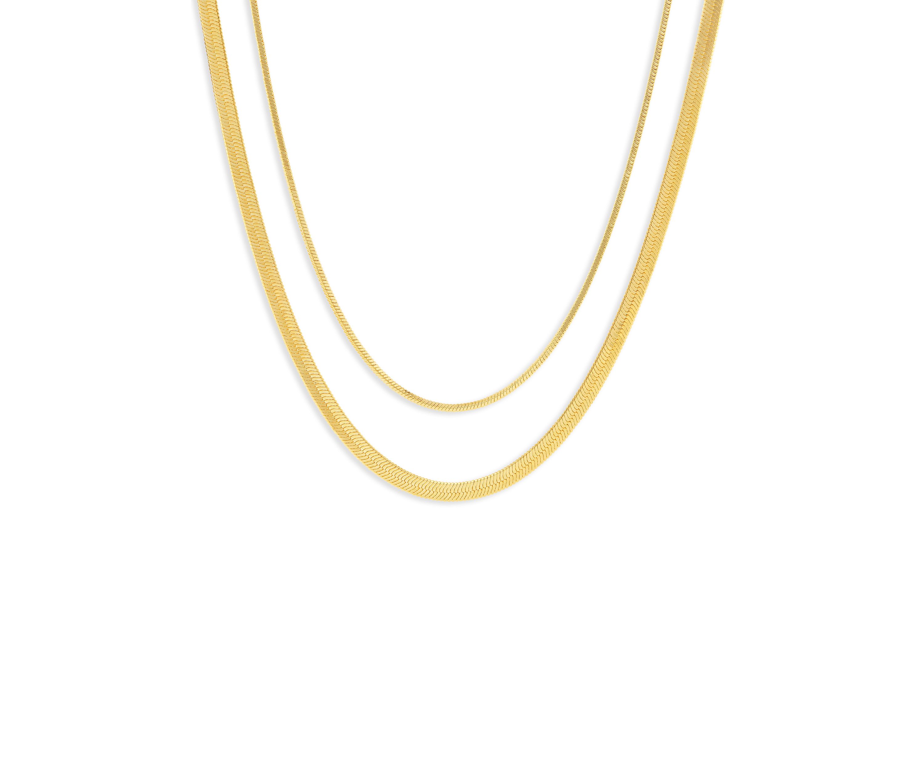 Plated Herringbone and Square Snake Chain Duo Necklace Set