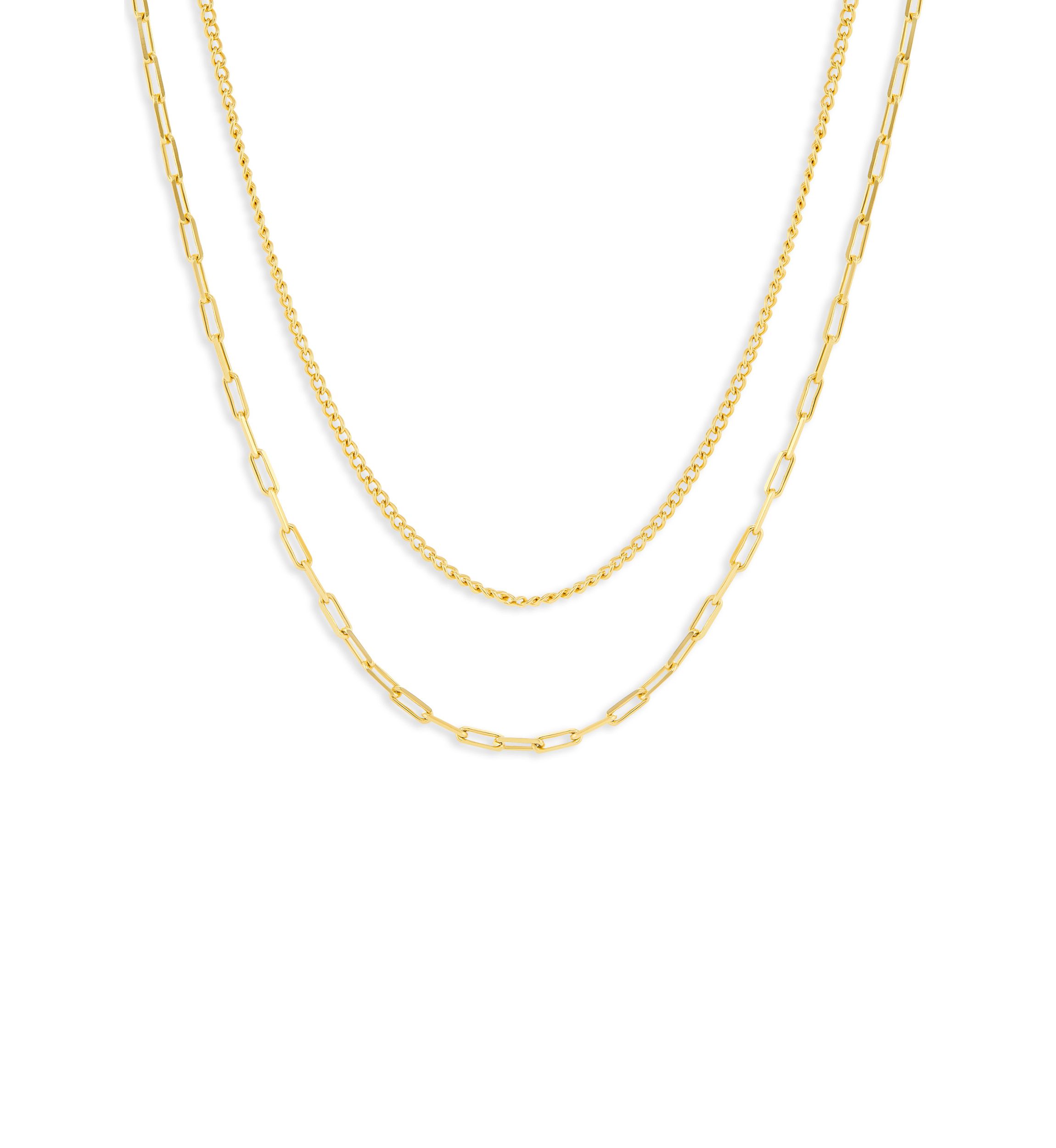 Gold Plated Baby Curb & Paperclip Chain Duo Necklace Set