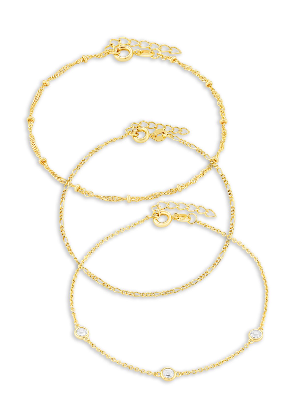 Gold Flash Plated Bead Station, Figaro, & Cubic Zirconia Bracelet Set