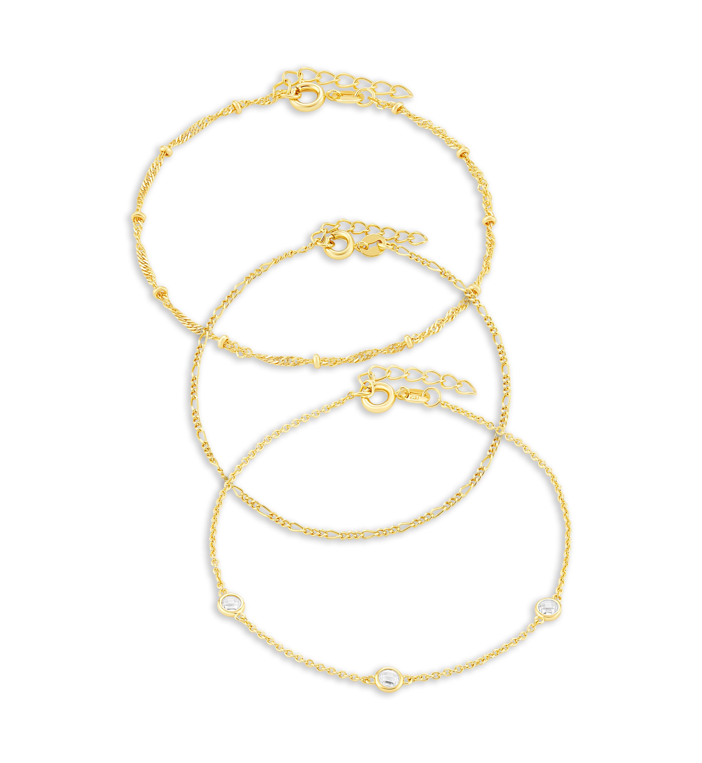 Gold Flash Plated Bead Station, Figaro, & Cubic Zirconia Bracelet Set