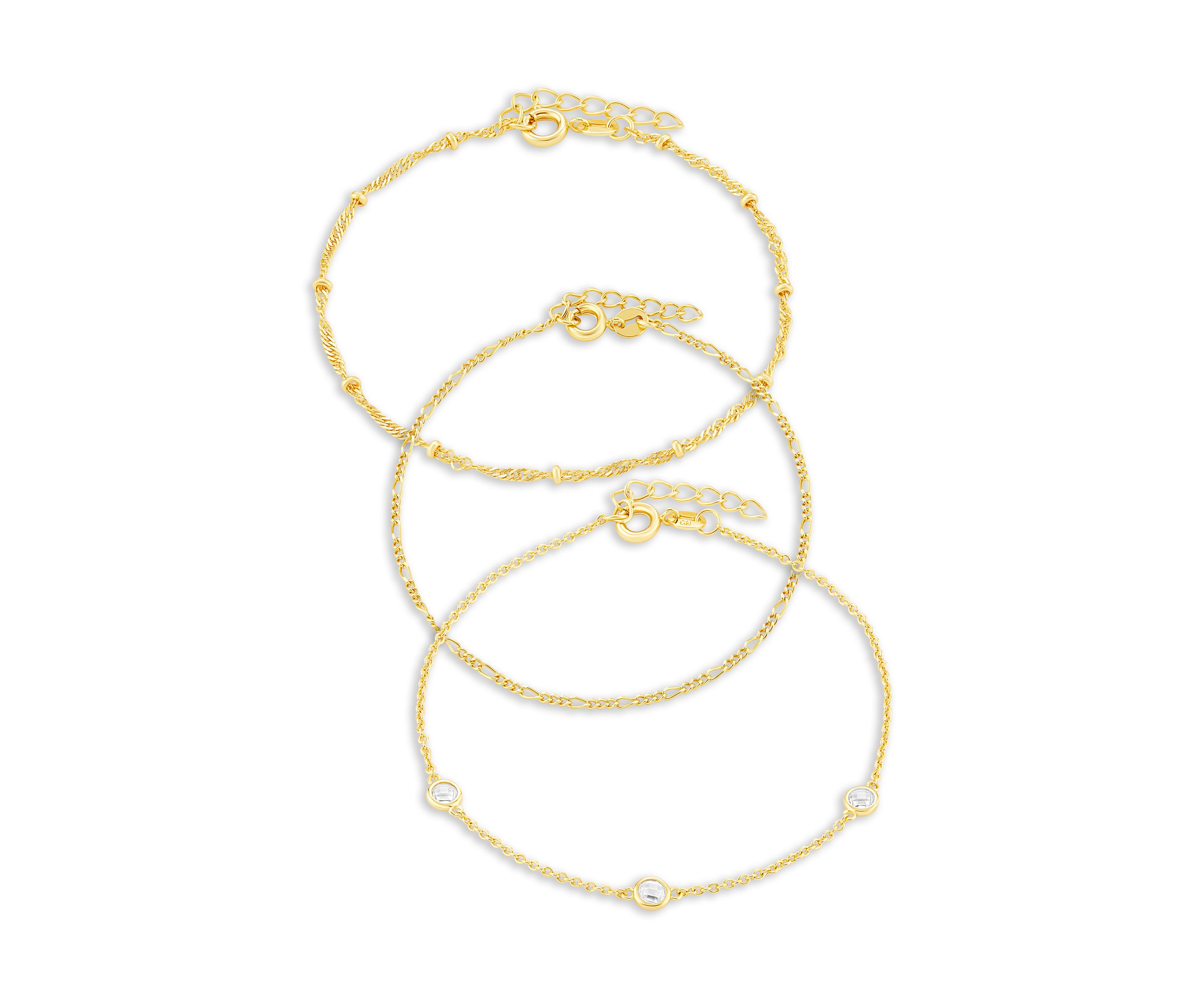 Gold Flash Plated Bead Station, Figaro, & Cubic Zirconia Bracelet Set