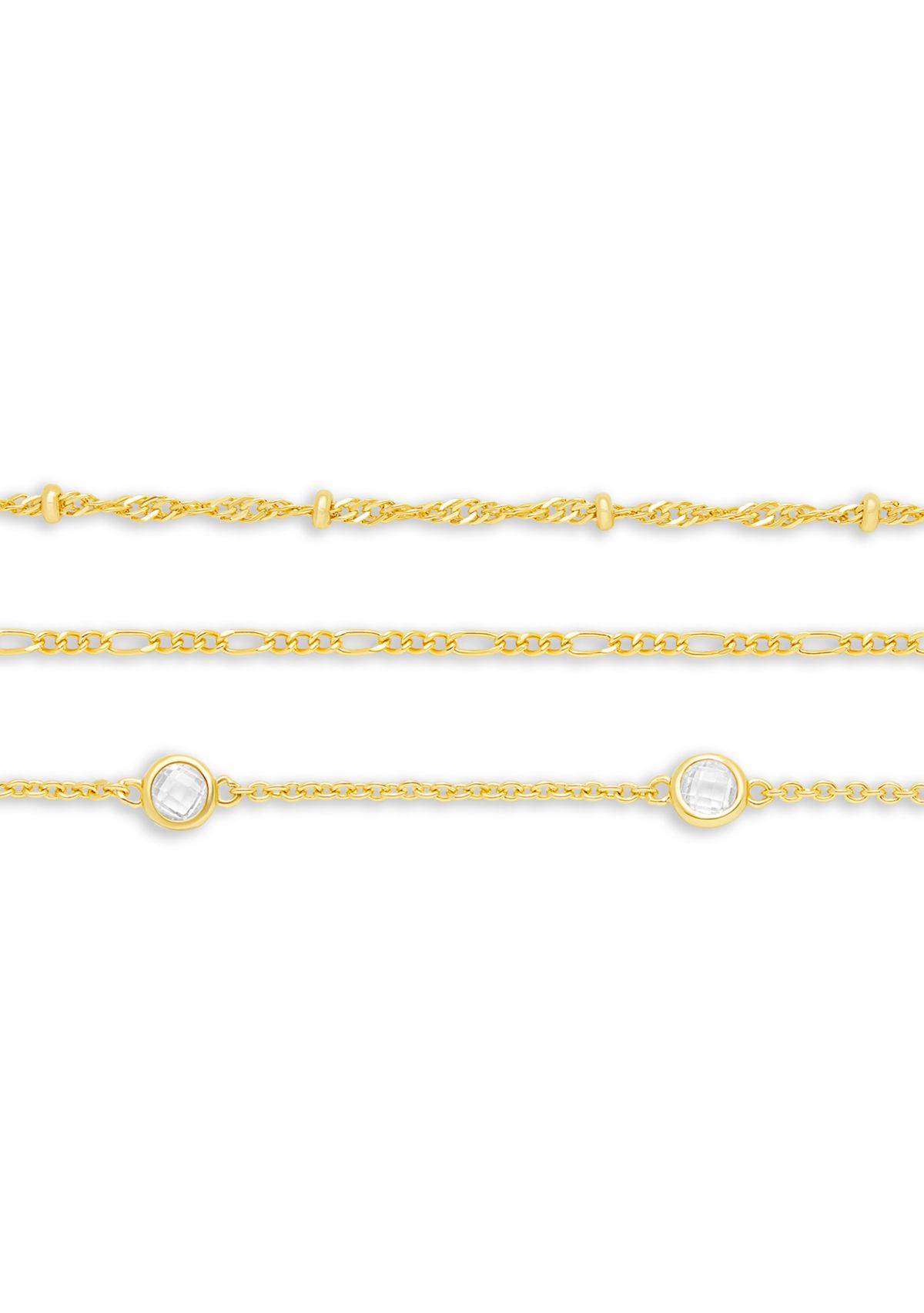Gold Flash Plated Bead Station, Figaro, & Cubic Zirconia Bracelet Set