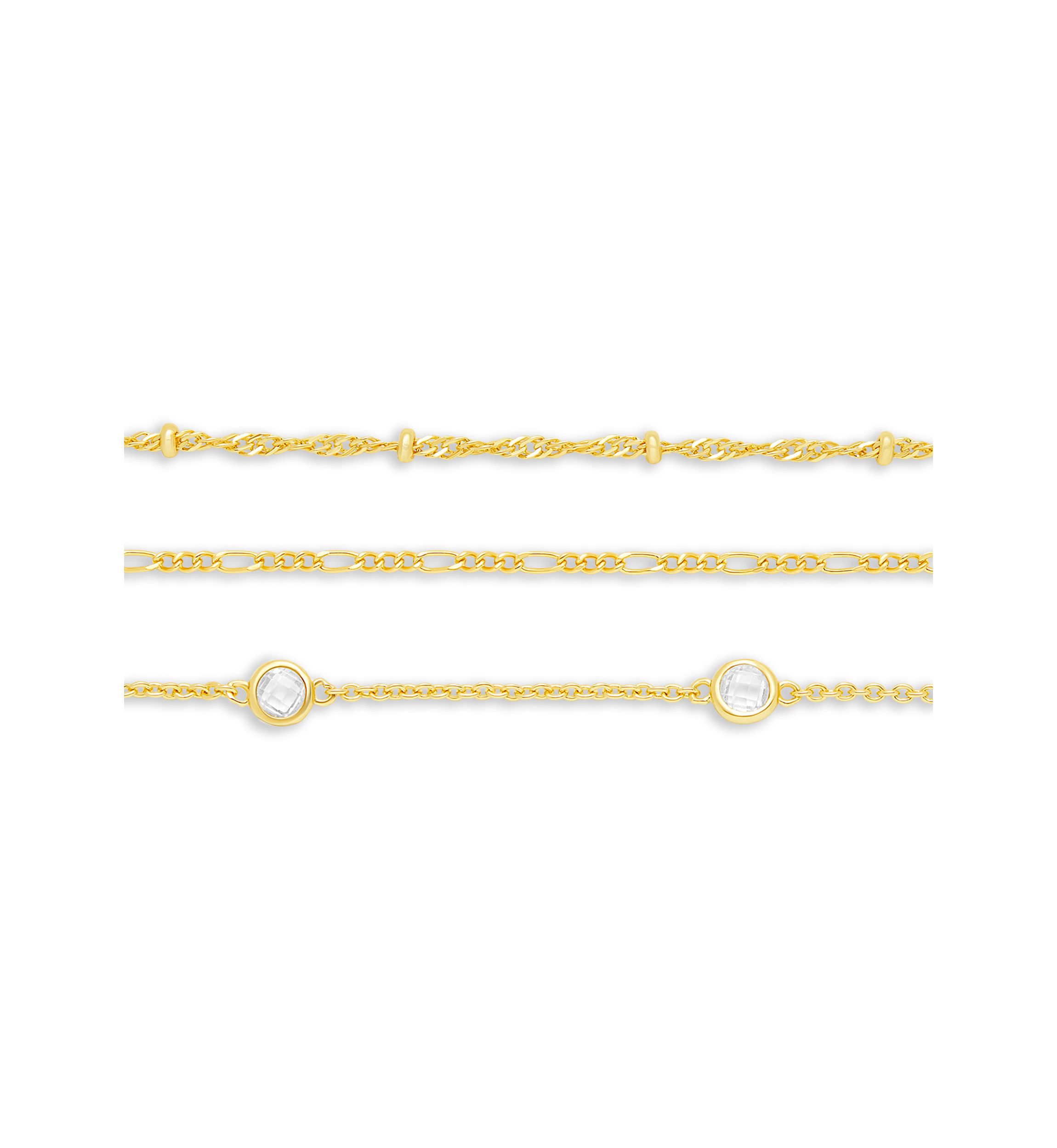 Gold Flash Plated Bead Station, Figaro, & Cubic Zirconia Bracelet Set