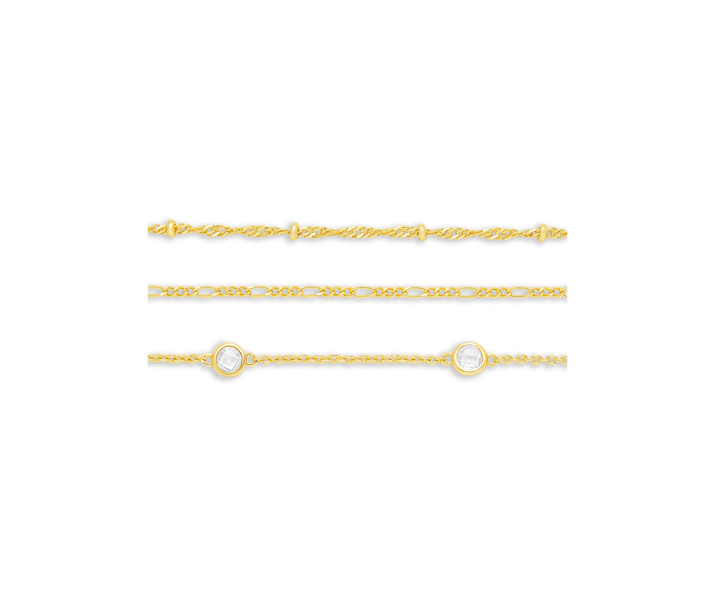 Gold Flash Plated Bead Station, Figaro, & Cubic Zirconia Bracelet Set