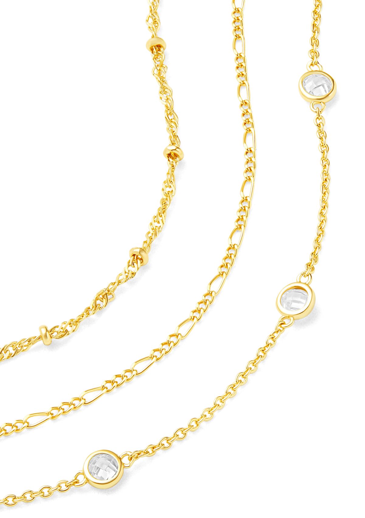 Gold Flash Plated Bead Station, Figaro, & Cubic Zirconia Bracelet Set