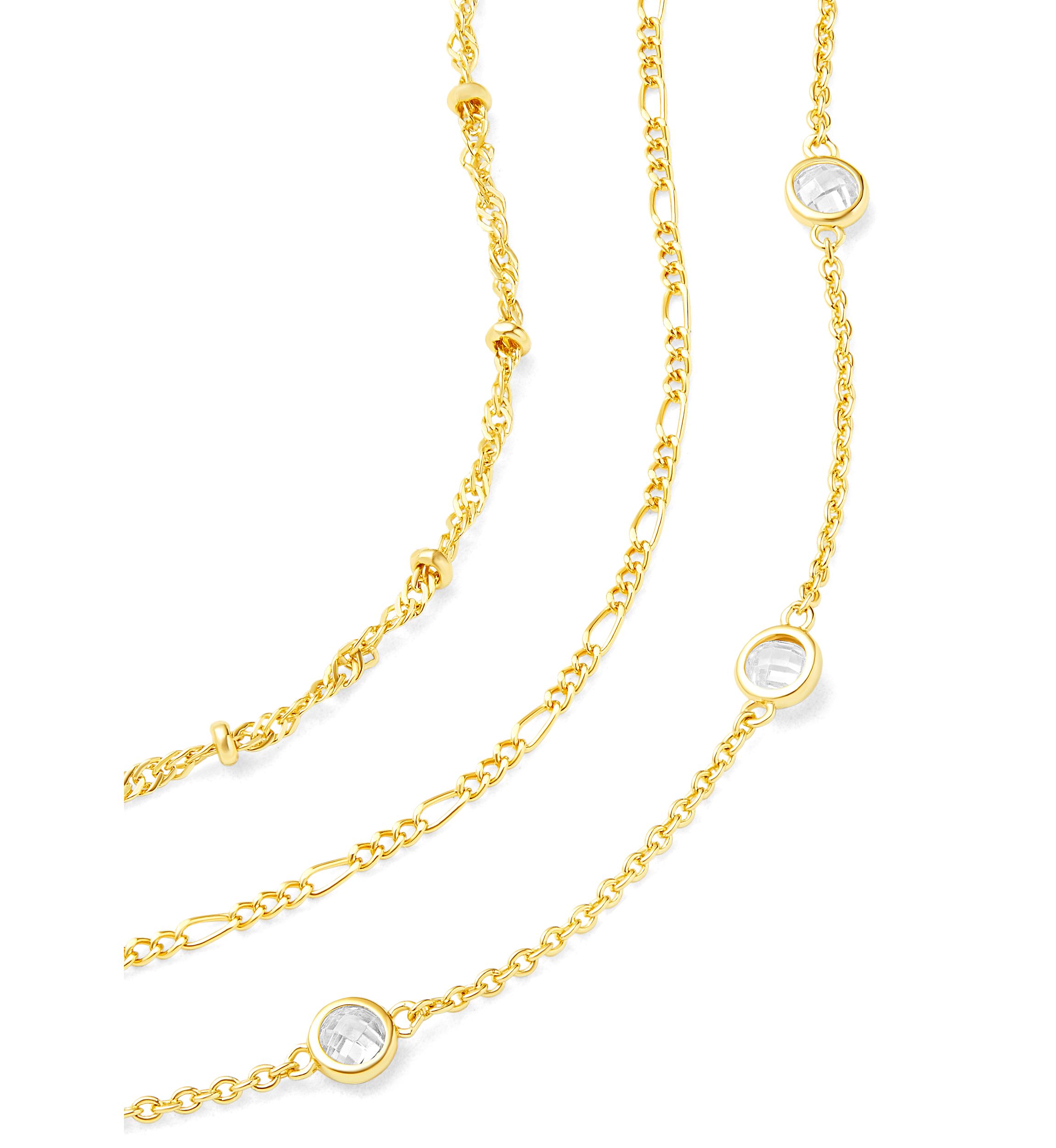 Gold Flash Plated Bead Station, Figaro, & Cubic Zirconia Bracelet Set