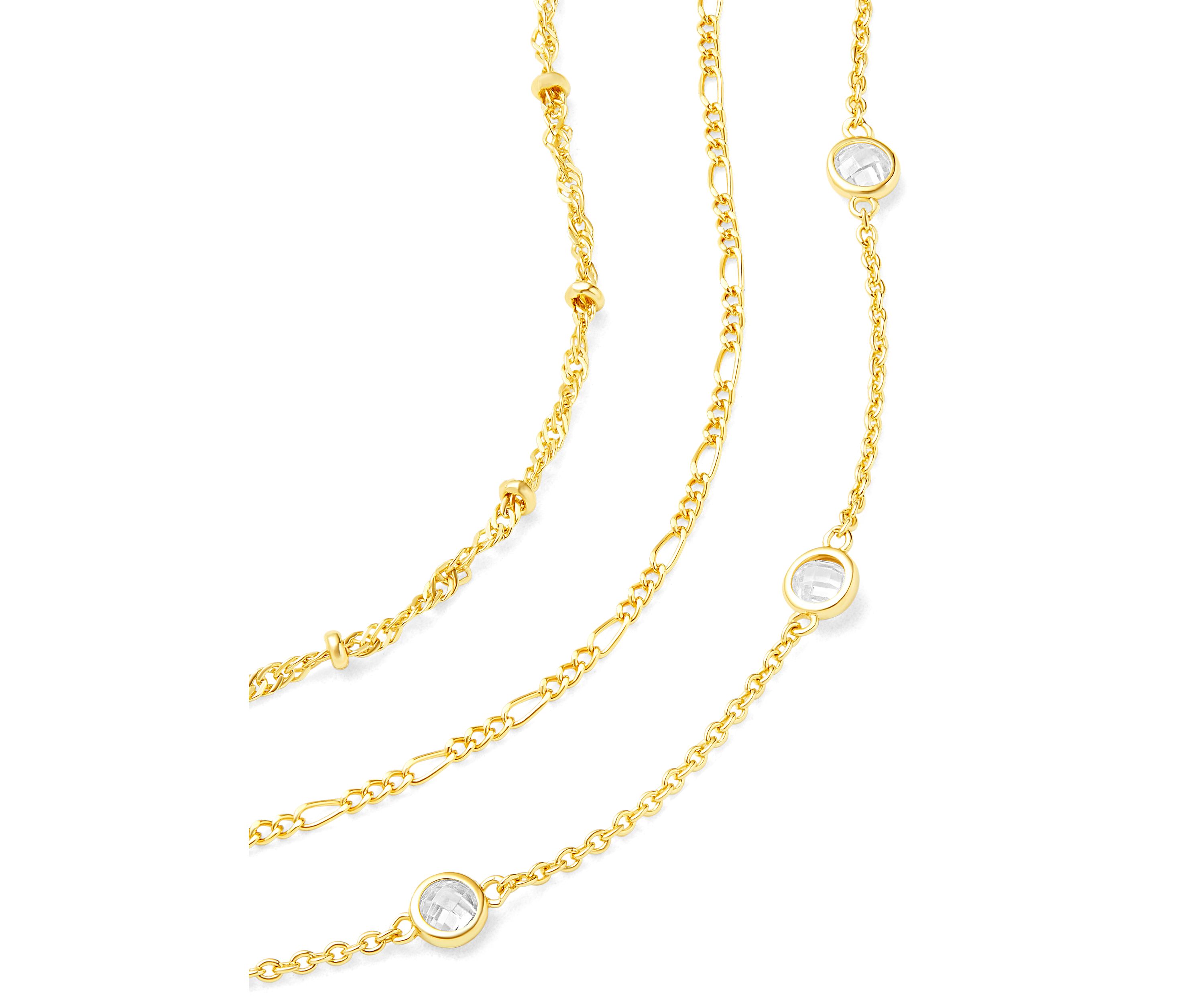 Gold Flash Plated Bead Station, Figaro, & Cubic Zirconia Bracelet Set