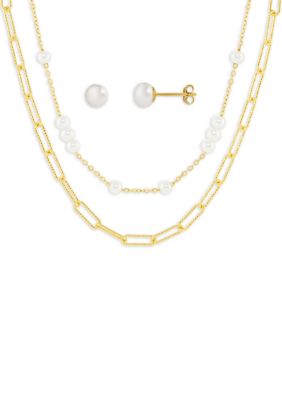 Belk Silverworks Gold Plated White Pearl Studs & Pearl Station Paperclip Double Layered Necklace Set