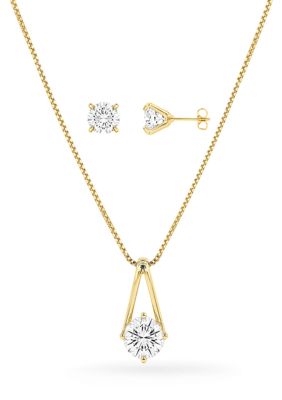Belk Silverworks Fine Plated Polished Round Cubic Zirconia Stud Earrings & Necklace Set, Gold, 20 in