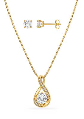 Belk Silverworks Fine Plated Cubic Zirconia Infinity Necklace & Stud Earring Set, Gold