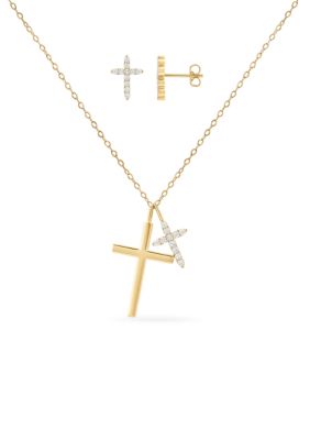 Belk Silverworks Fine Plated Cubic Zirconia Double Cross Pendant Necklace & Stud Earrings Set, Silver