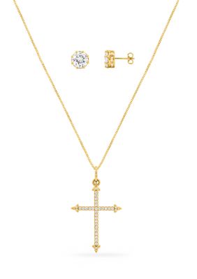 Belk Silverworks Fine Plated Cubic Zirconia Cross Pendant Necklace & Stud Earrings Set, Gold