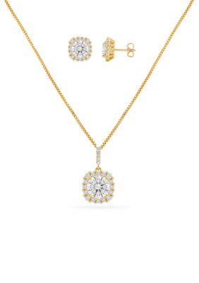 Belk Silverworks Fine Plated Cubic Zirconia Halo Pendant Necklace & stud Earrings Set, Gold