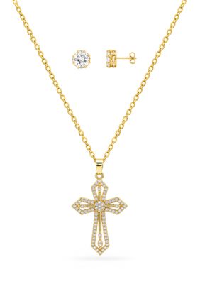 Belk Silverworks Fine Plated Cubic Zirconia Cross Pendant & Stud Earring Set, Gold