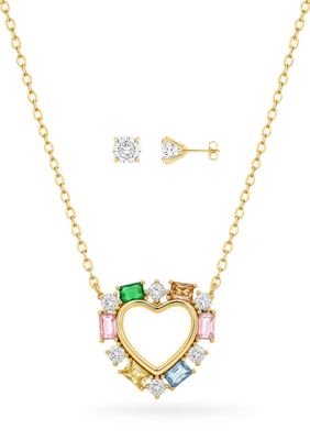 Belk Silverworks Gold Plated Multi Color Cubic Zirconia Heart Necklace & Round Cubic Zirconia Studs Set, 20 in