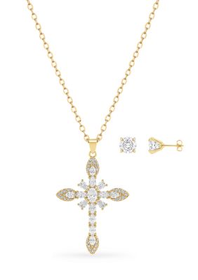 Belk Silverworks Fine Plated Round Cubic Zirconia Stud Earrings & Cubic Zirconia Cross Pendant Necklace Set, Gold, 20 in