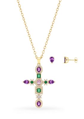 Belk Silverworks Gold Plated Round Multi Cubic Zirconia Stud Earrings & Cross Pendant Necklace Set, 20 in