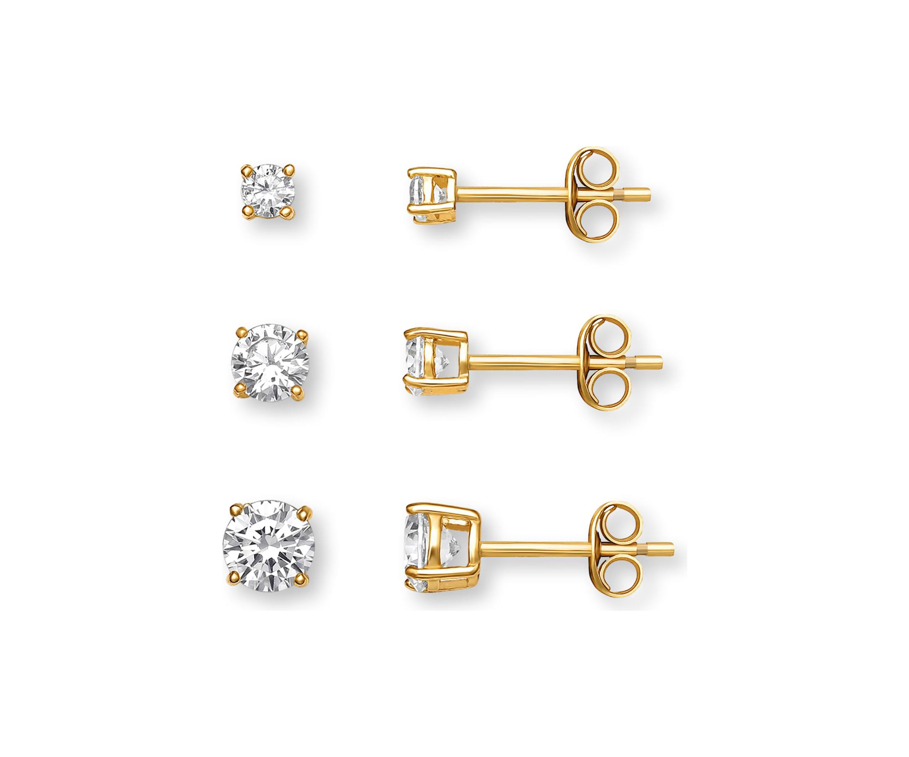 Sterling Silver Gold Plated 4-6 Millimeter Round Cubic Zirconia Studs Set