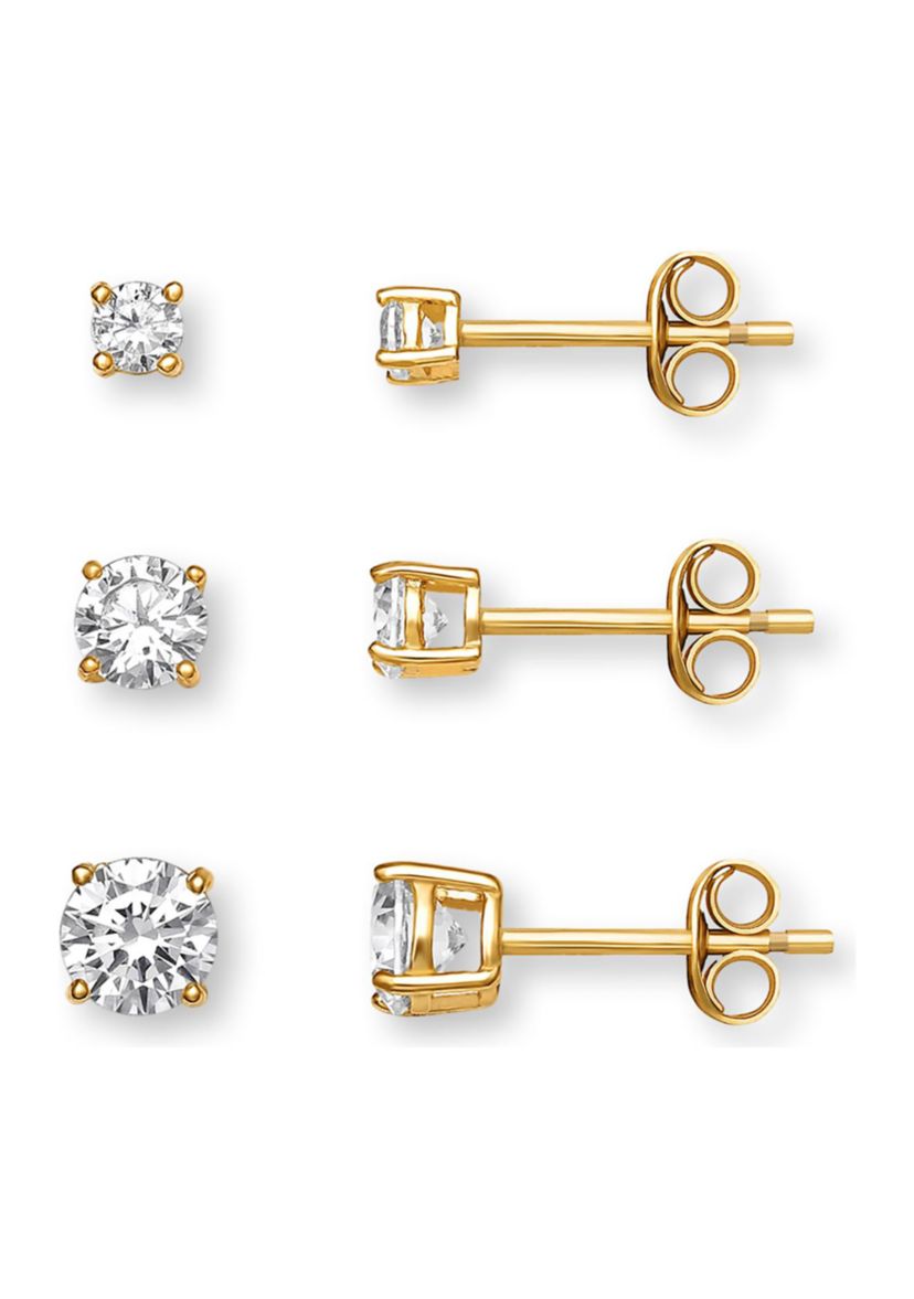 Sterling Silver Gold Plated 4-6 Millimeter Round Cubic Zirconia Studs Set