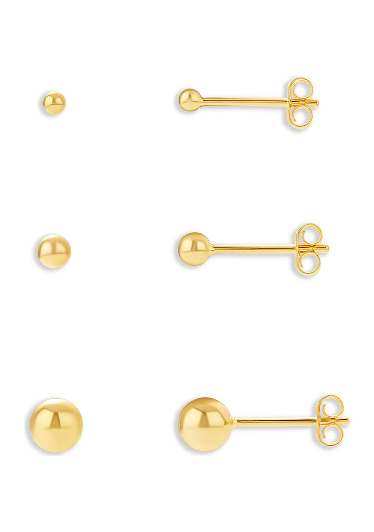 Gold Plated Sterling Silver 2 mm, 3 mm, 5 mm Ball Studs Trio Set