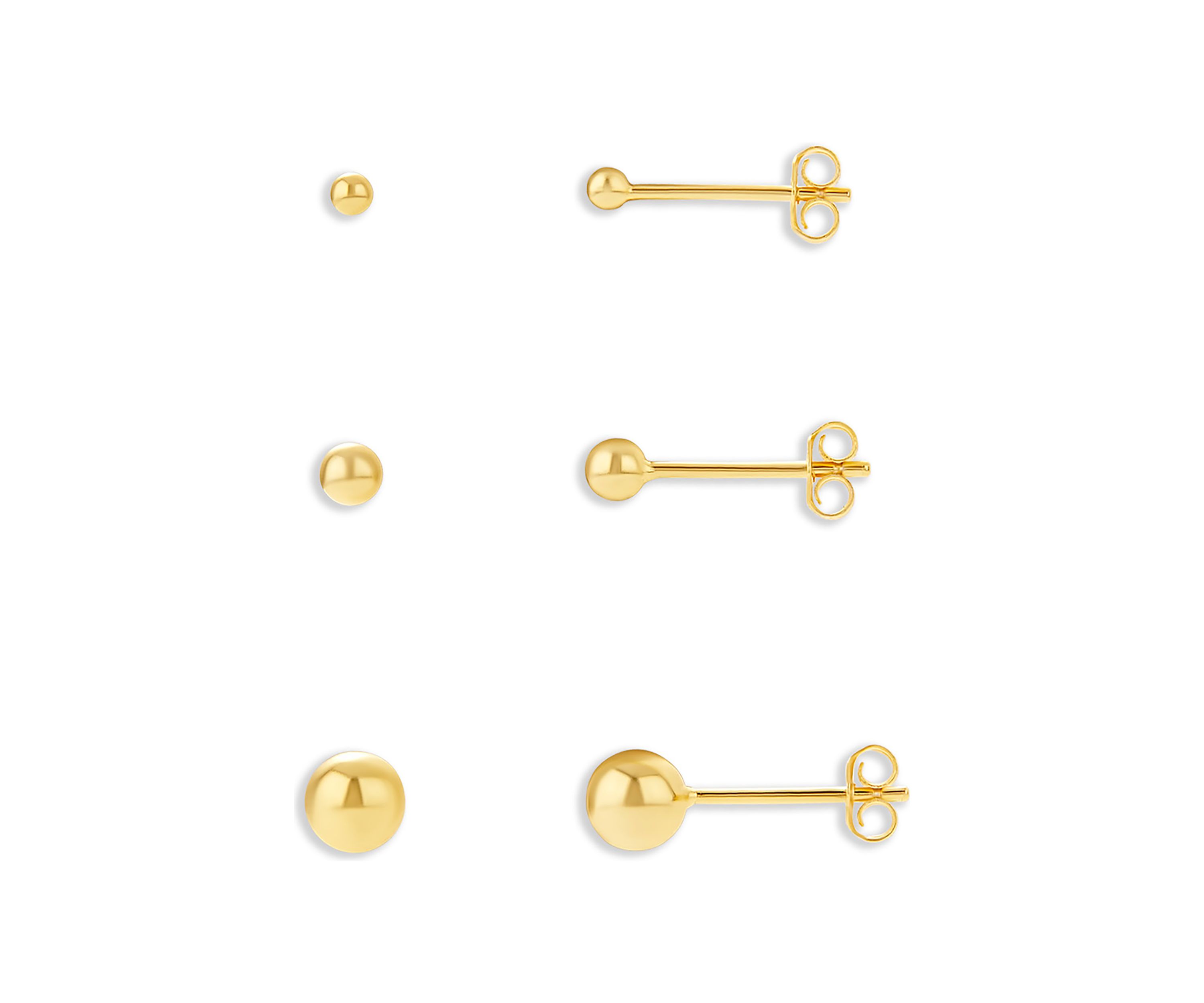 Gold Plated Sterling Silver 2 mm, 3 mm, 5 mm Ball Studs Trio Set