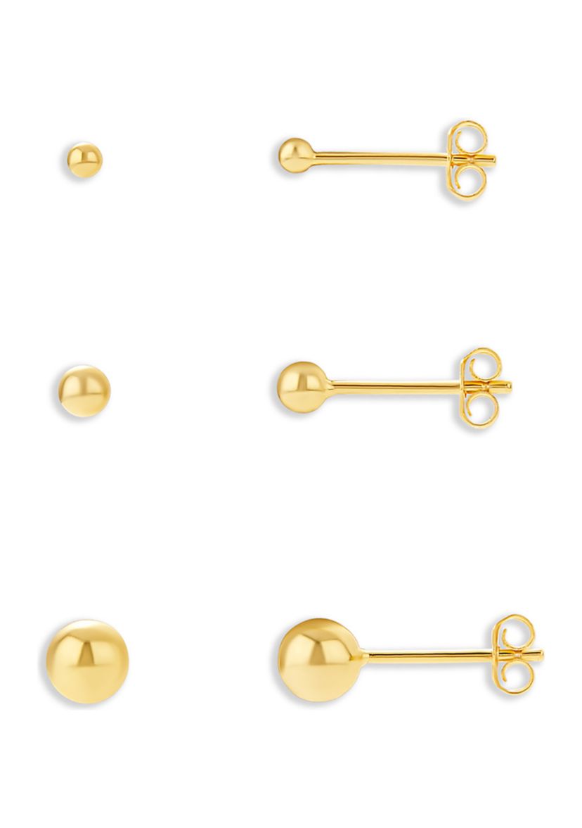 Gold Plated Sterling Silver 2 mm, 3 mm, 5 mm Ball Studs Trio Set