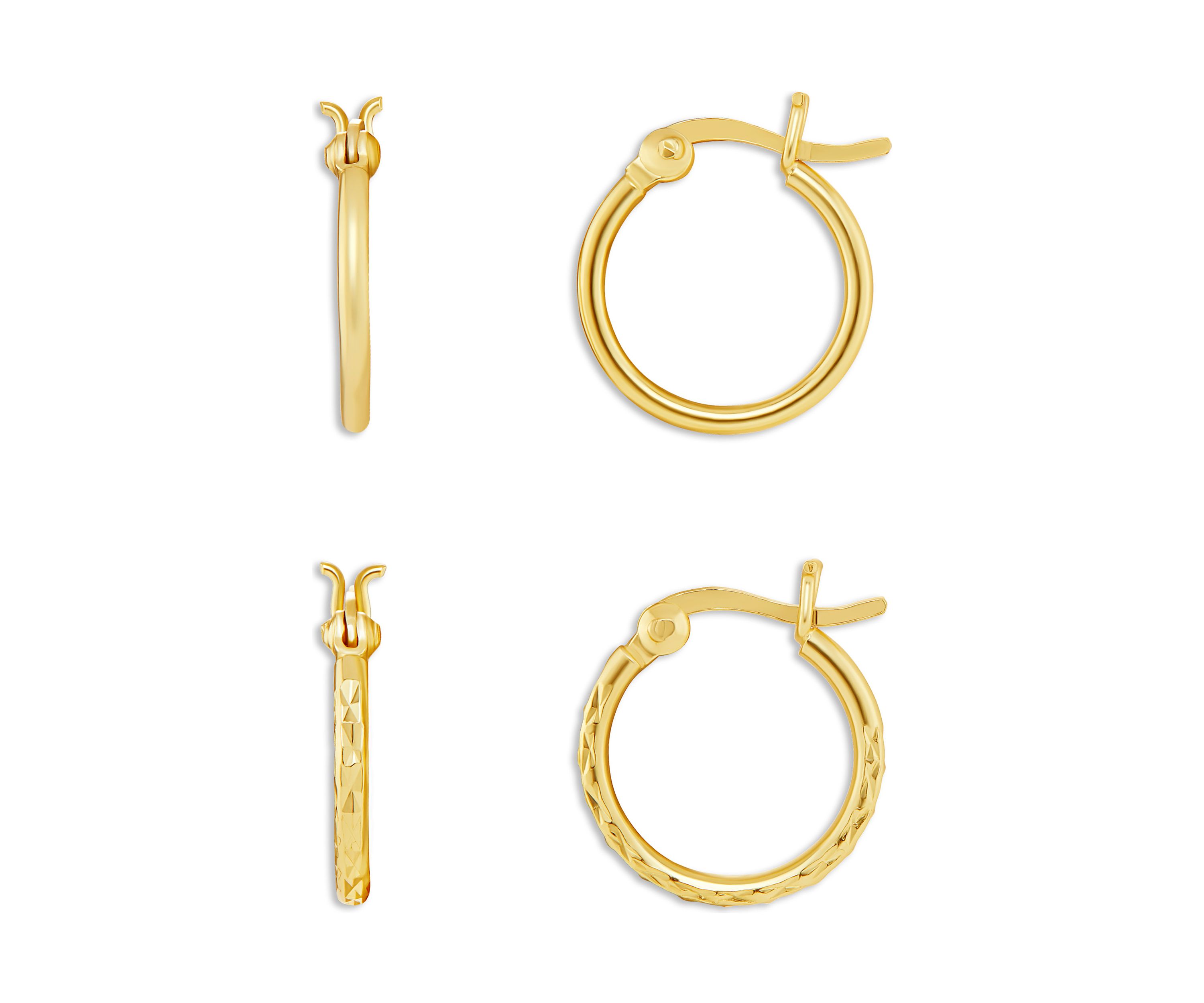 Gold Plated Sterling Silver 15 Millimeter Polished Diamond Cut Hoop Earrings Set