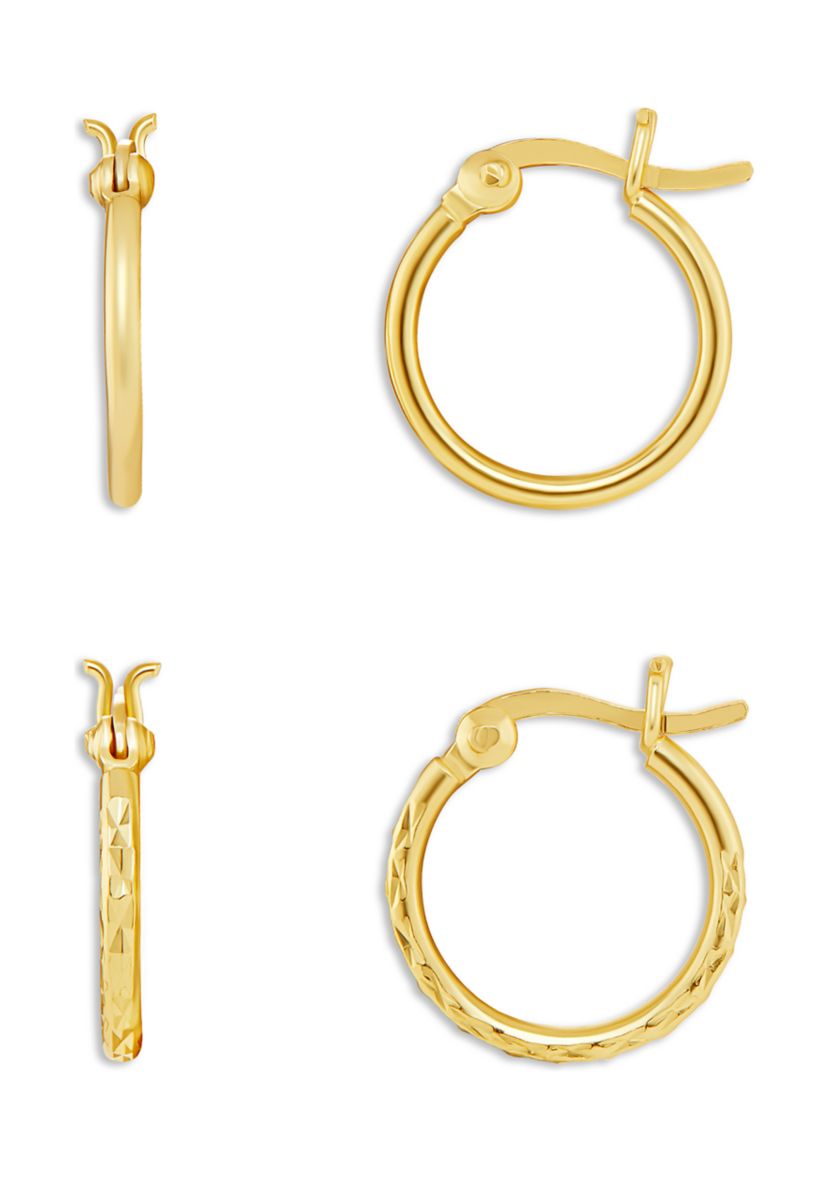 Gold Plated Sterling Silver 15 Millimeter Polished Diamond Cut Hoop Earrings Set