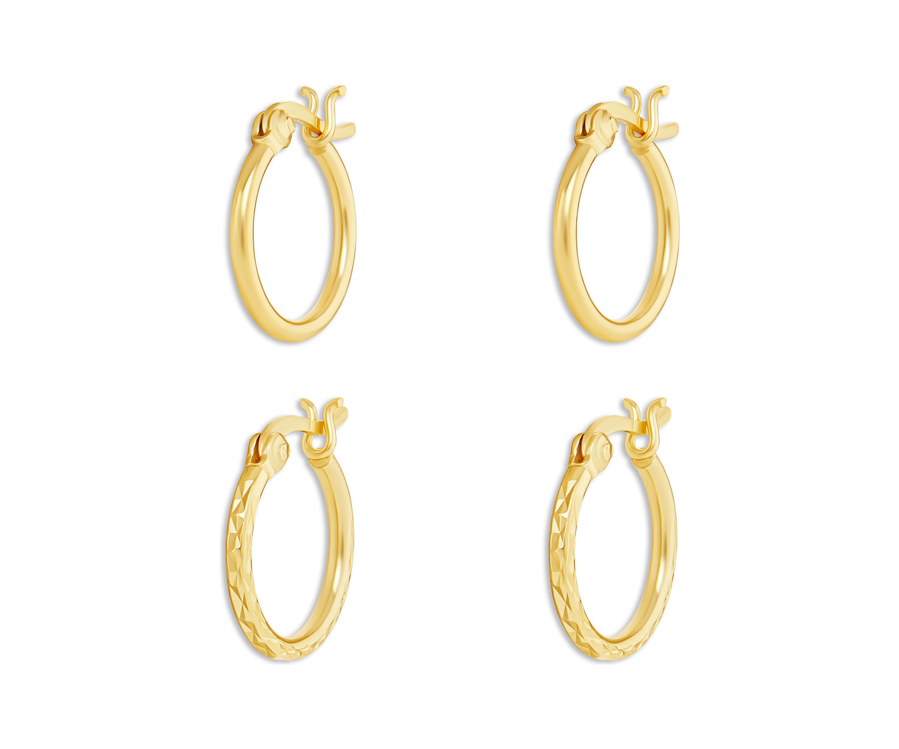 Gold Plated Sterling Silver 15 Millimeter Polished Diamond Cut Hoop Earrings Set