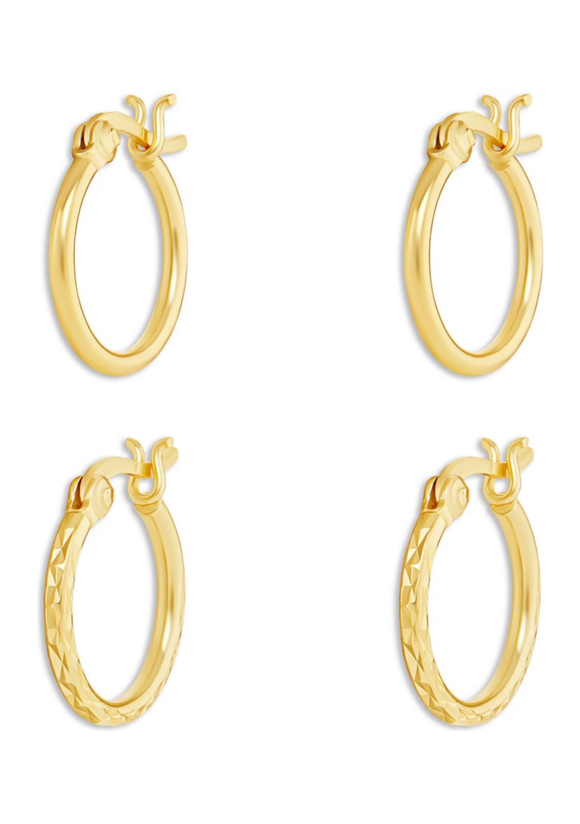Gold Plated Sterling Silver 15 Millimeter Polished Diamond Cut Hoop Earrings Set