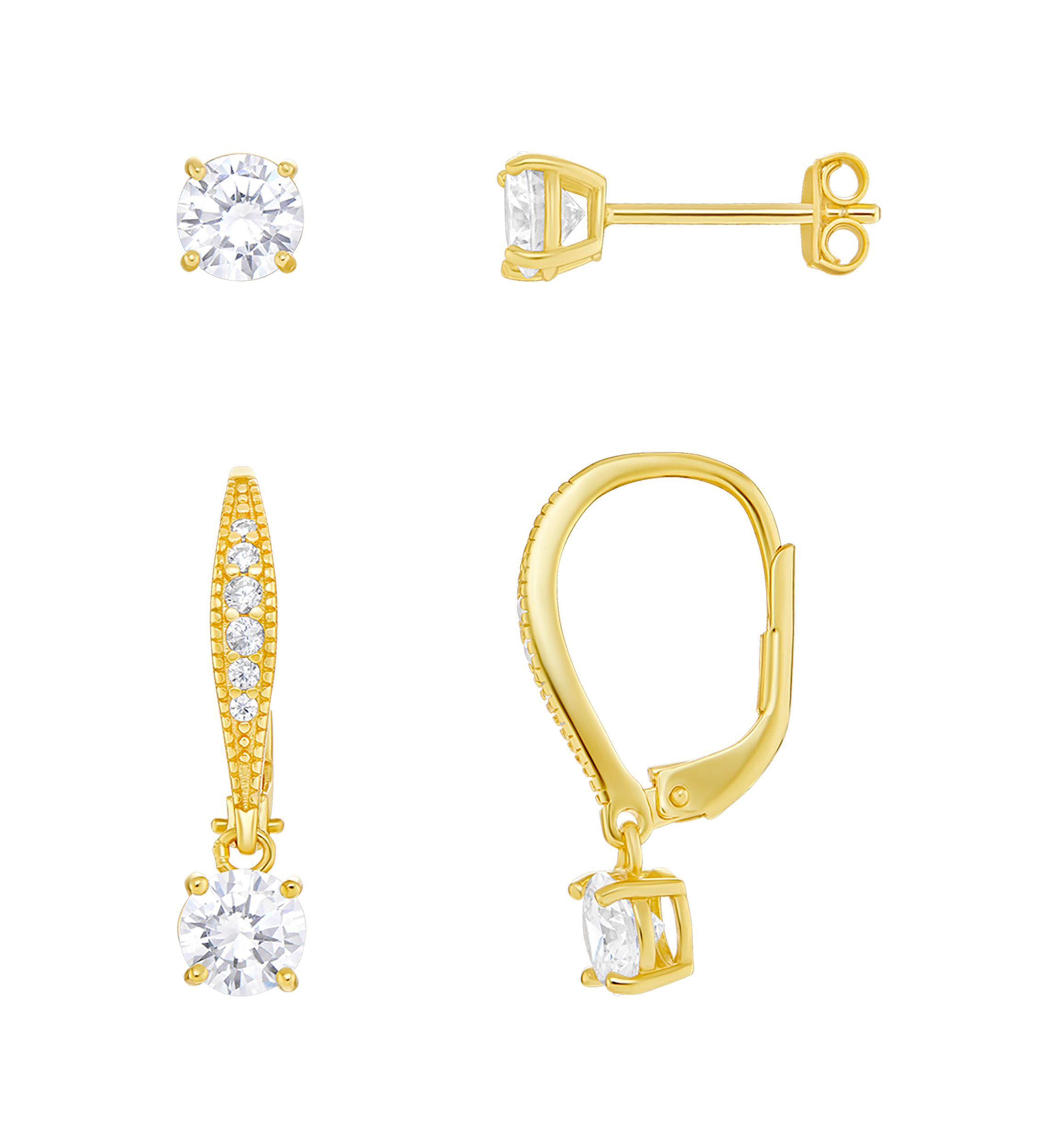 Sterling Silver Gold Plated Round Cubic Zirconia Studs Drop Earrings Set