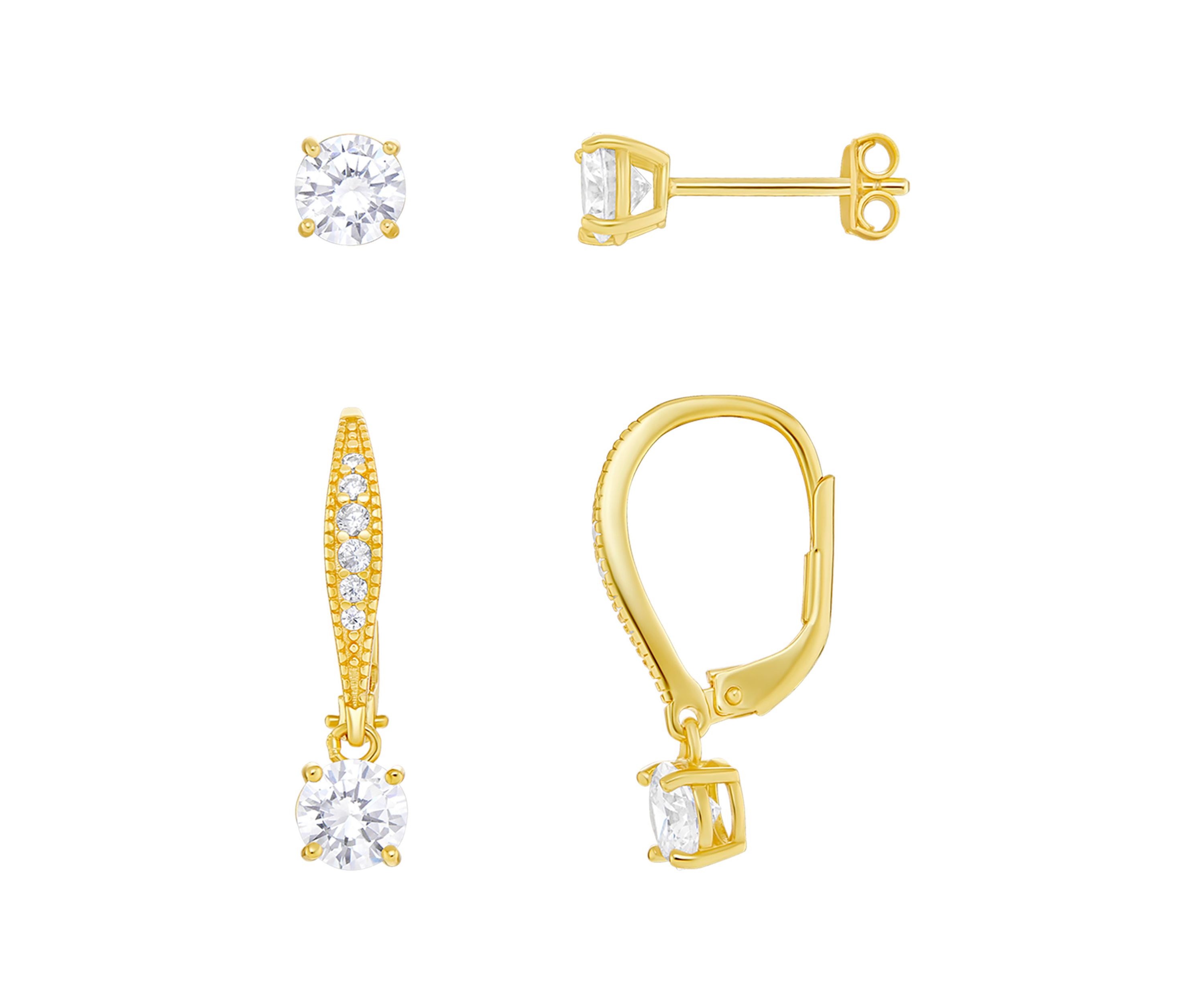 Sterling Silver Gold Plated Round Cubic Zirconia Studs Drop Earrings Set