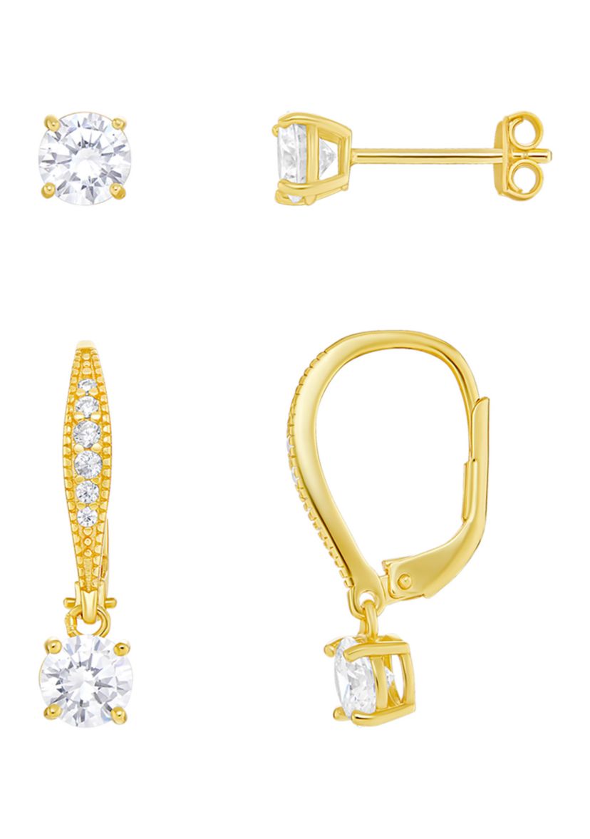 Sterling Silver Gold Plated Round Cubic Zirconia Studs Drop Earrings Set