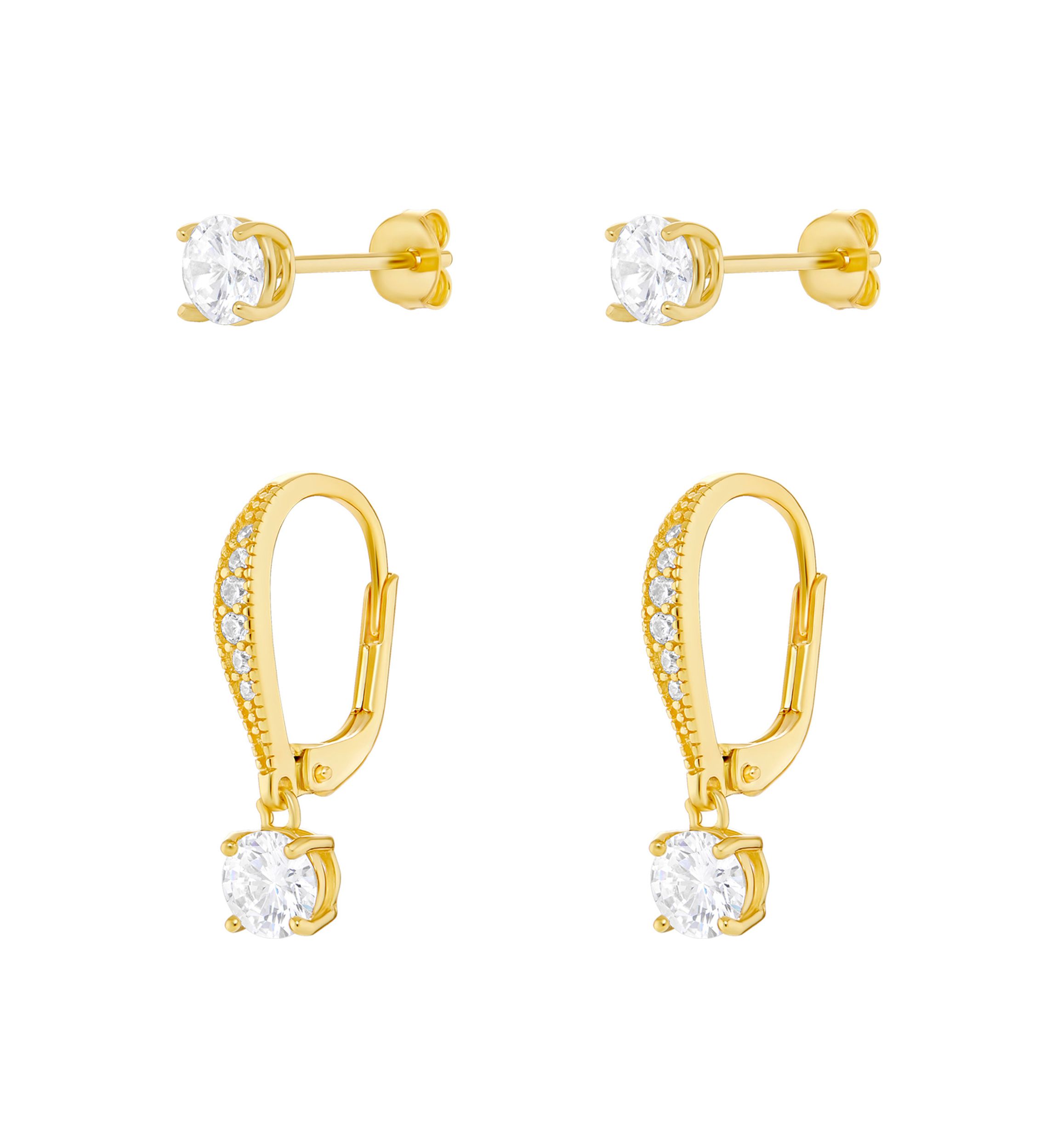 Sterling Silver Gold Plated Round Cubic Zirconia Studs Drop Earrings Set