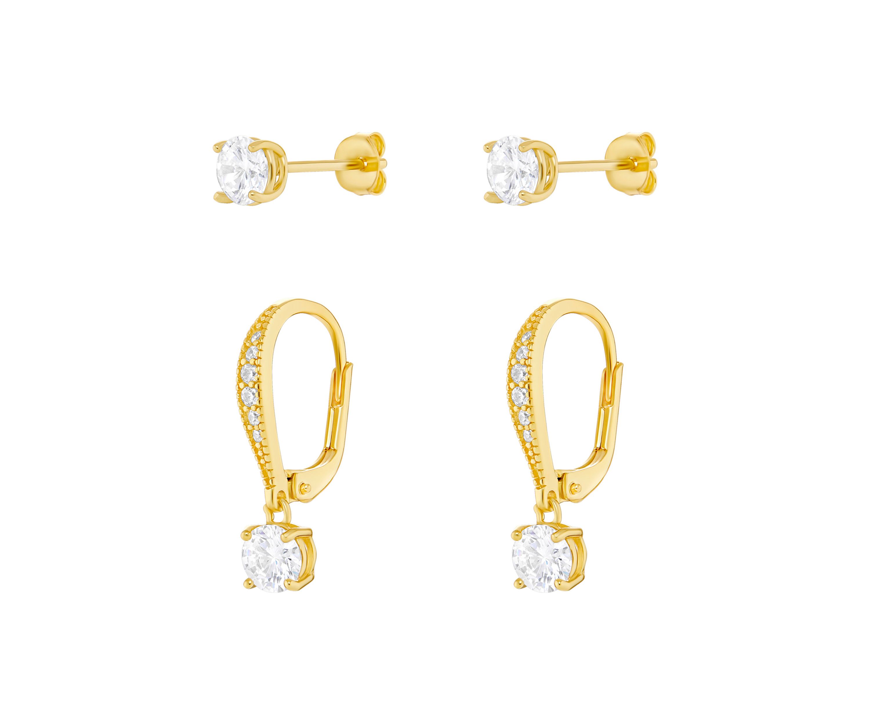 Sterling Silver Gold Plated Round Cubic Zirconia Studs Drop Earrings Set