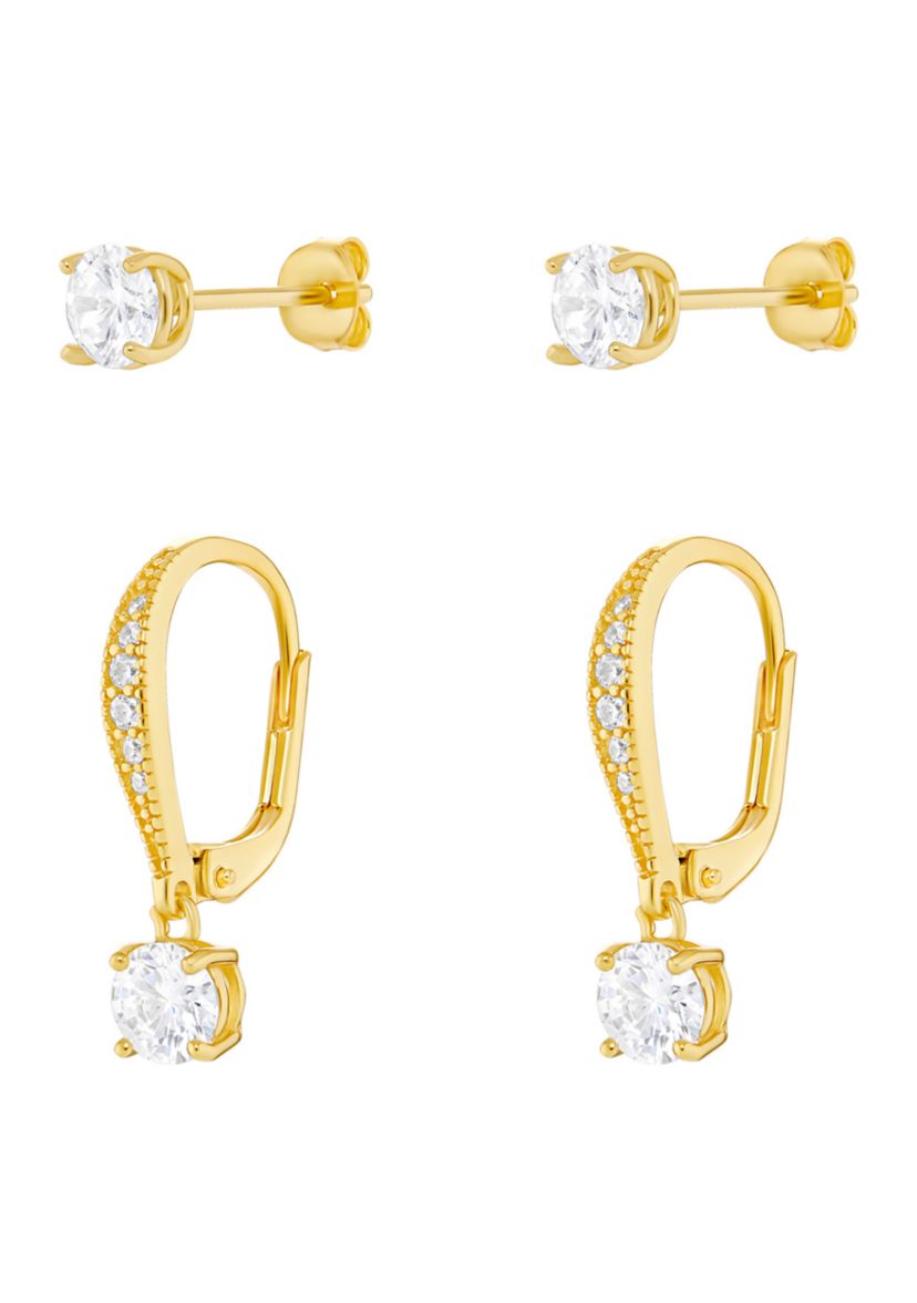 Sterling Silver Gold Plated Round Cubic Zirconia Studs Drop Earrings Set