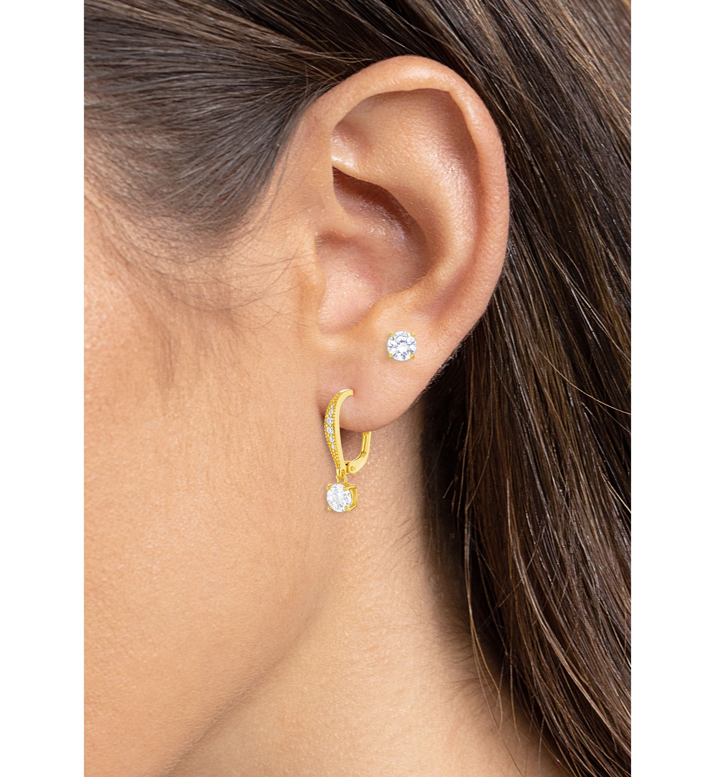 Sterling Silver Gold Plated Round Cubic Zirconia Studs Drop Earrings Set