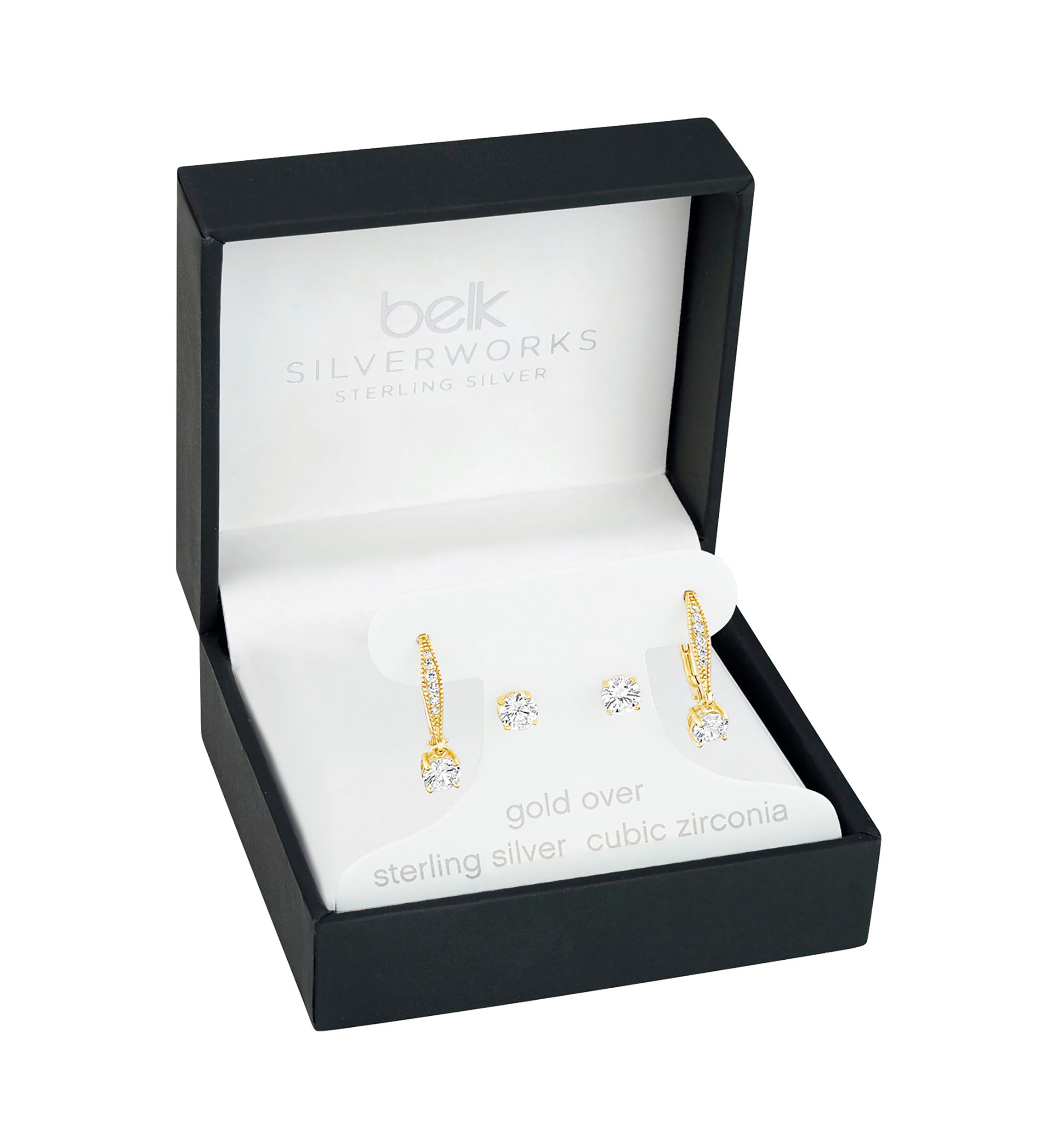 Sterling Silver Gold Plated Round Cubic Zirconia Studs Drop Earrings Set