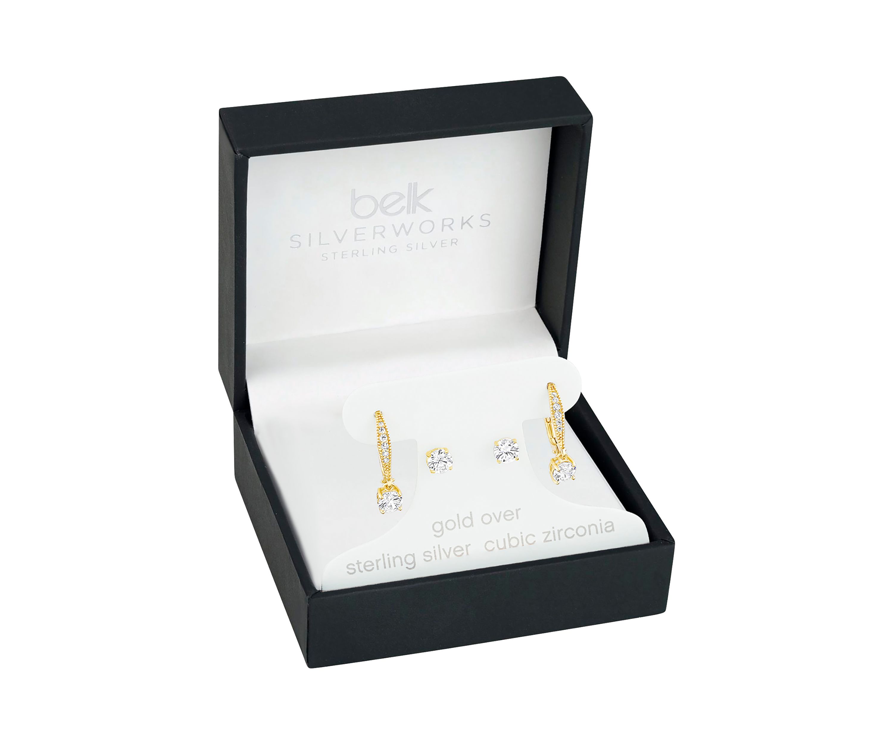 Sterling Silver Gold Plated Round Cubic Zirconia Studs Drop Earrings Set