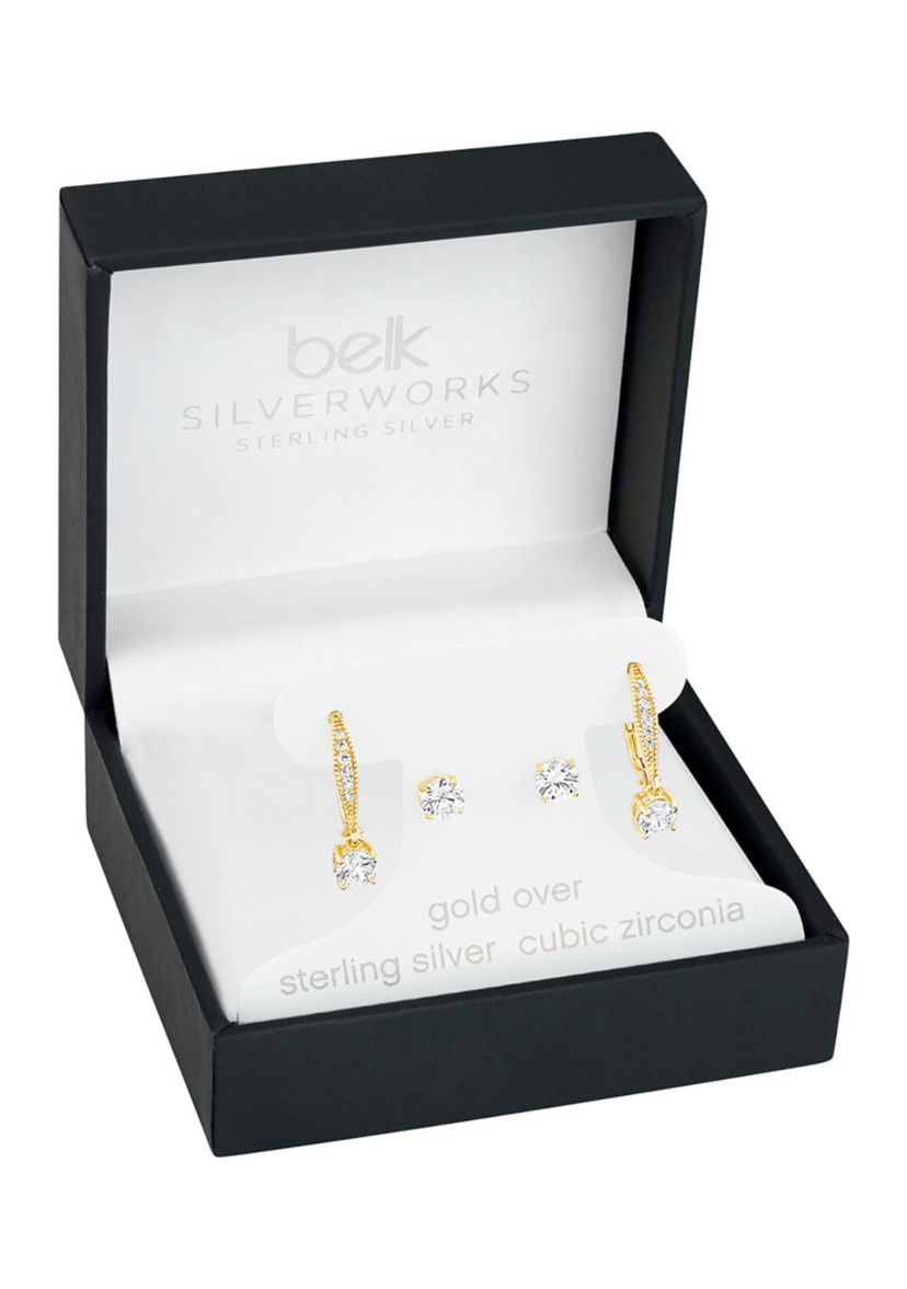Sterling Silver Gold Plated Round Cubic Zirconia Studs Drop Earrings Set