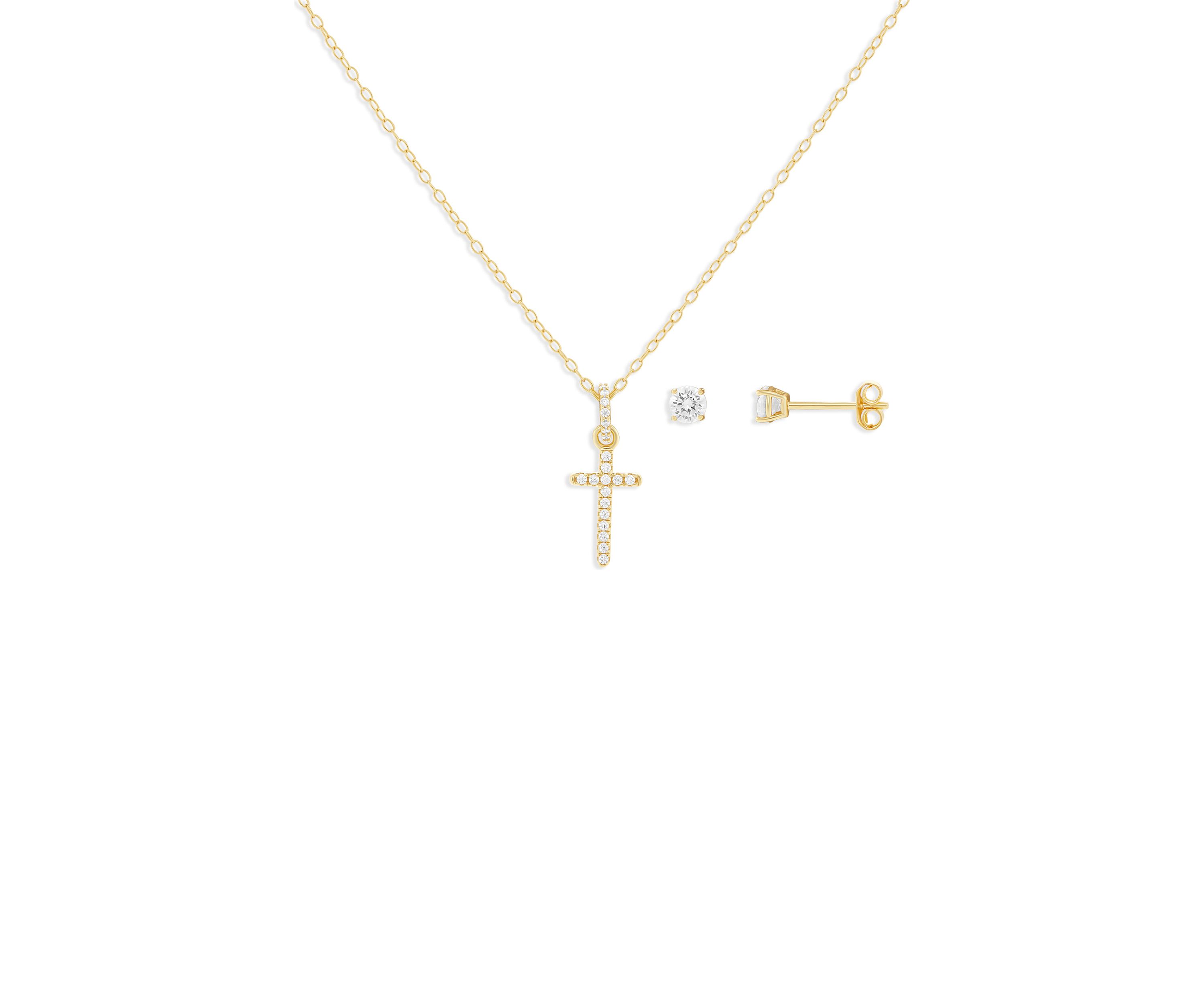 Gold Plated Sterling Silver Cubic Zirconia Round Studs & Cross Pendant Necklace Set