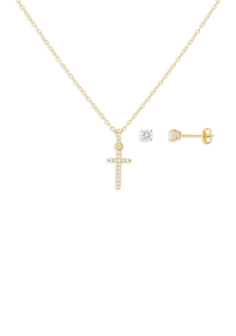 Gold Plated Sterling Silver Cubic Zirconia Round Studs & Cross Pendant Necklace Set