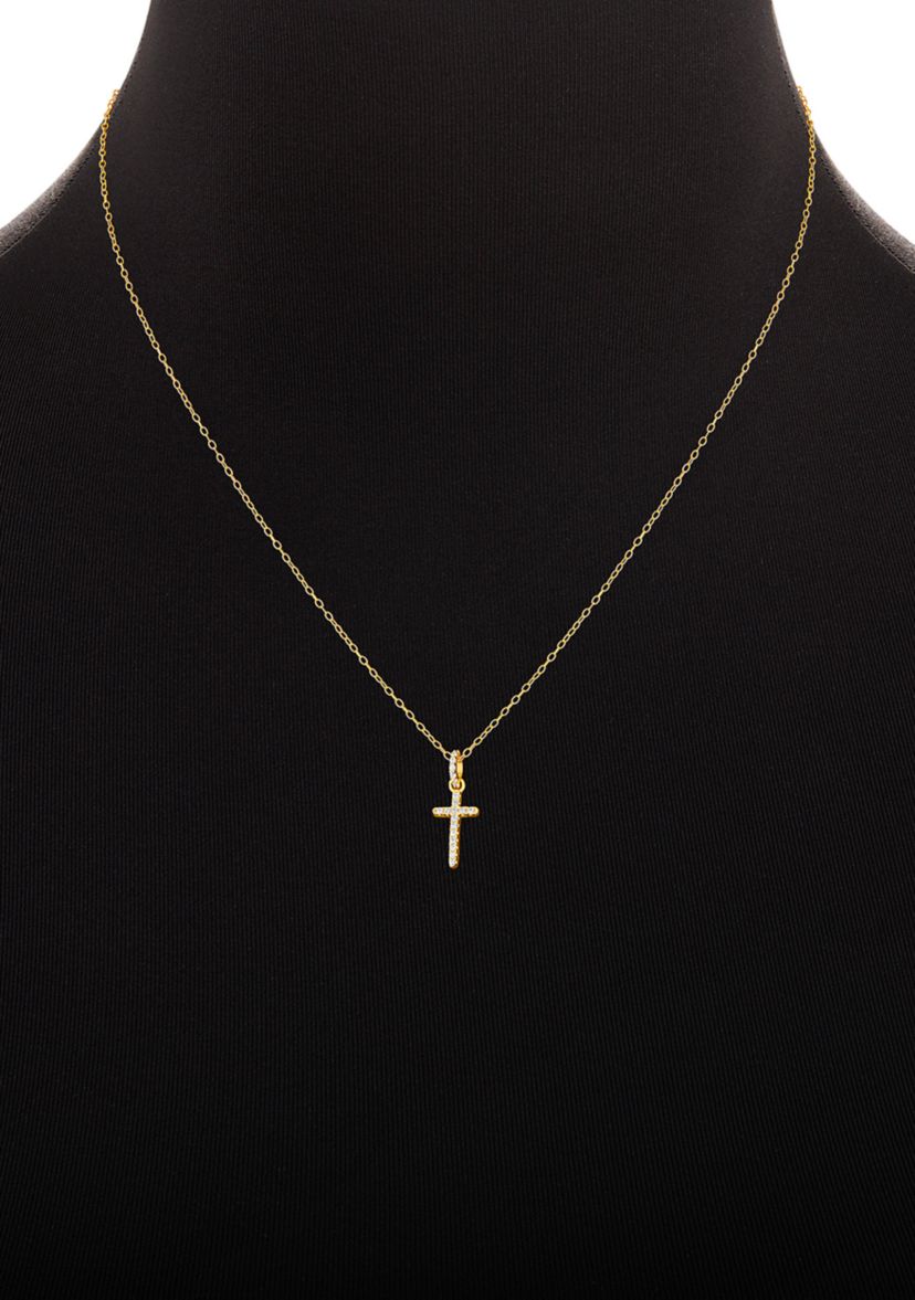 Gold Plated Sterling Silver Cubic Zirconia Round Studs & Cross Pendant Necklace Set
