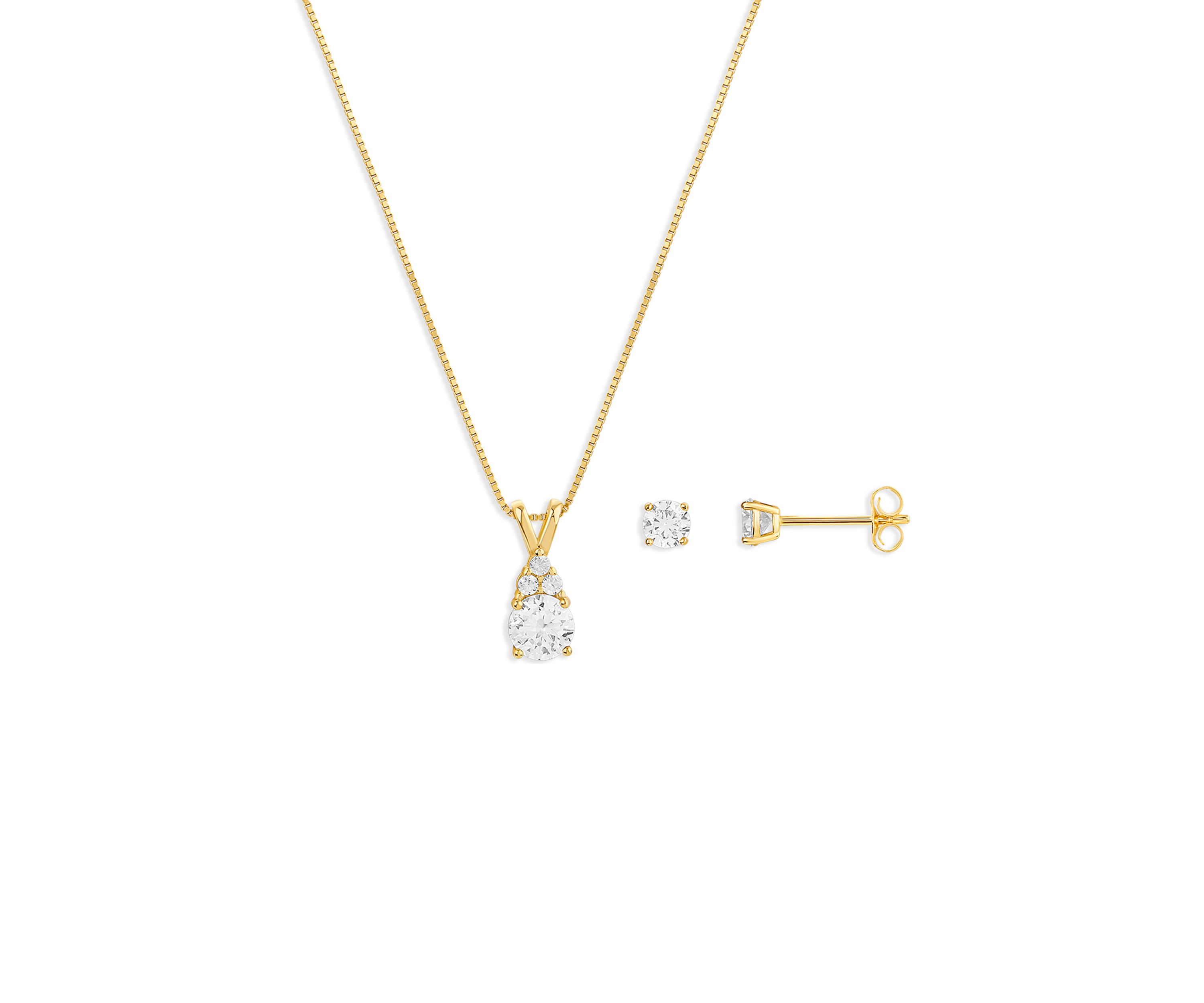 Gold Plated Sterling Silver Cubic Zirconia Round Studs & Round CZ Cluster Pendant Necklace Set