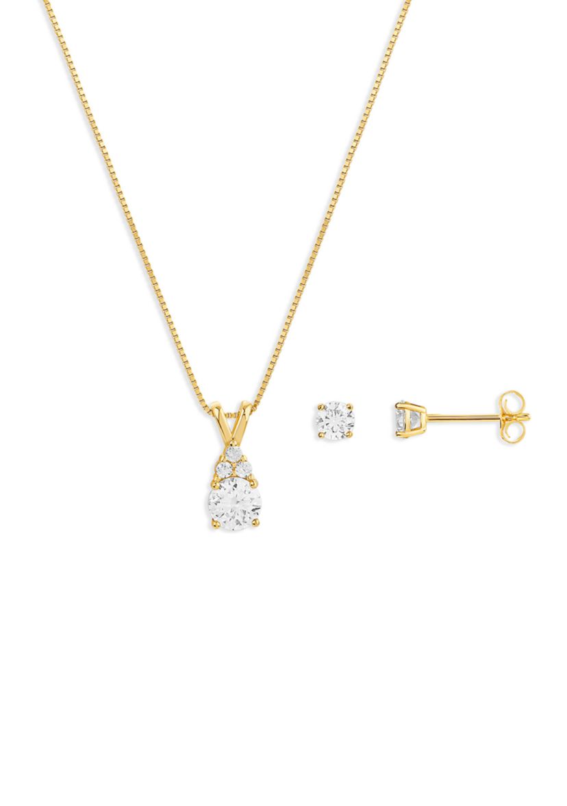 Gold Plated Sterling Silver Cubic Zirconia Round Studs & Round CZ Cluster Pendant Necklace Set