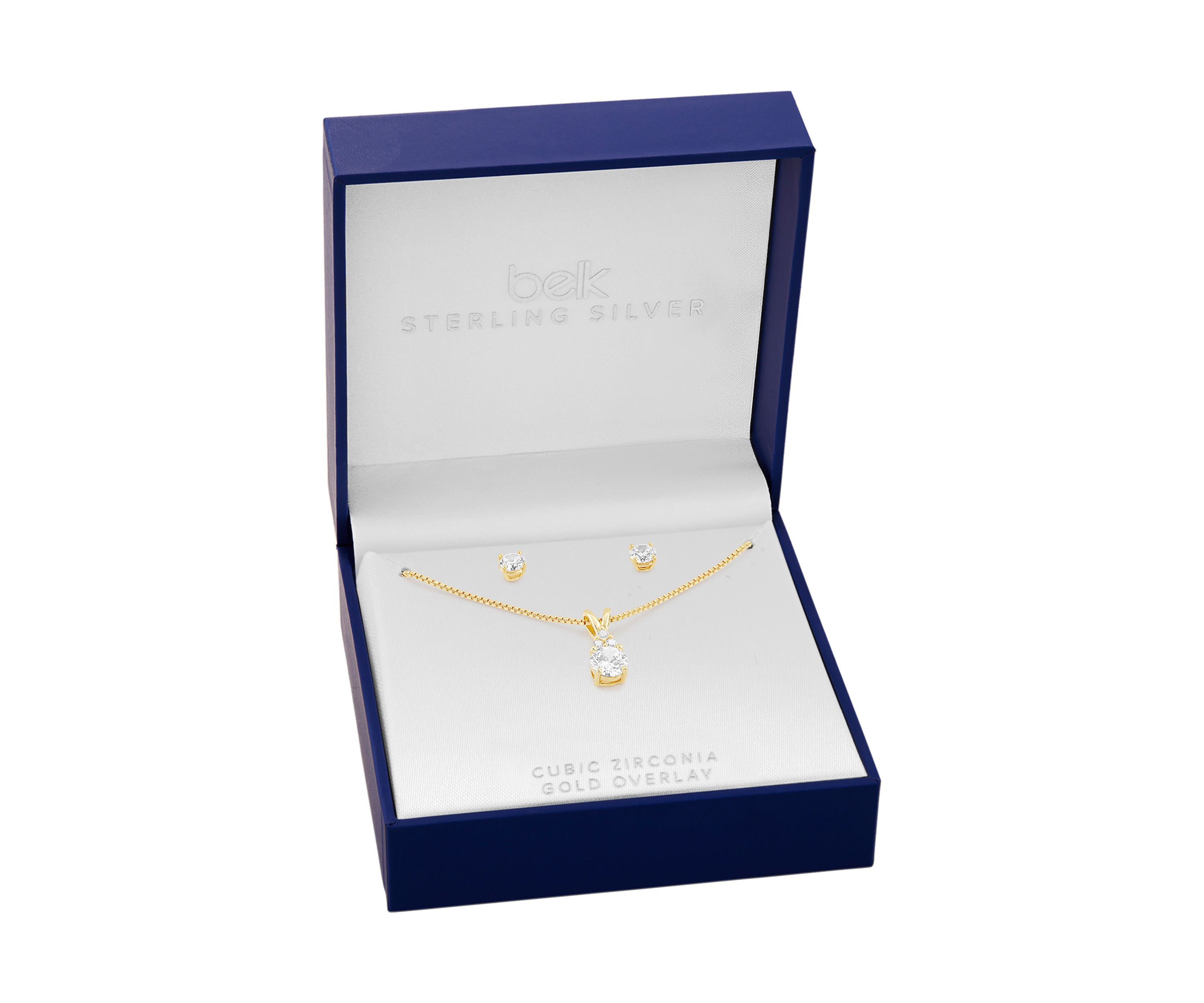 Gold Plated Sterling Silver Cubic Zirconia Round Studs & Round CZ Cluster Pendant Necklace Set