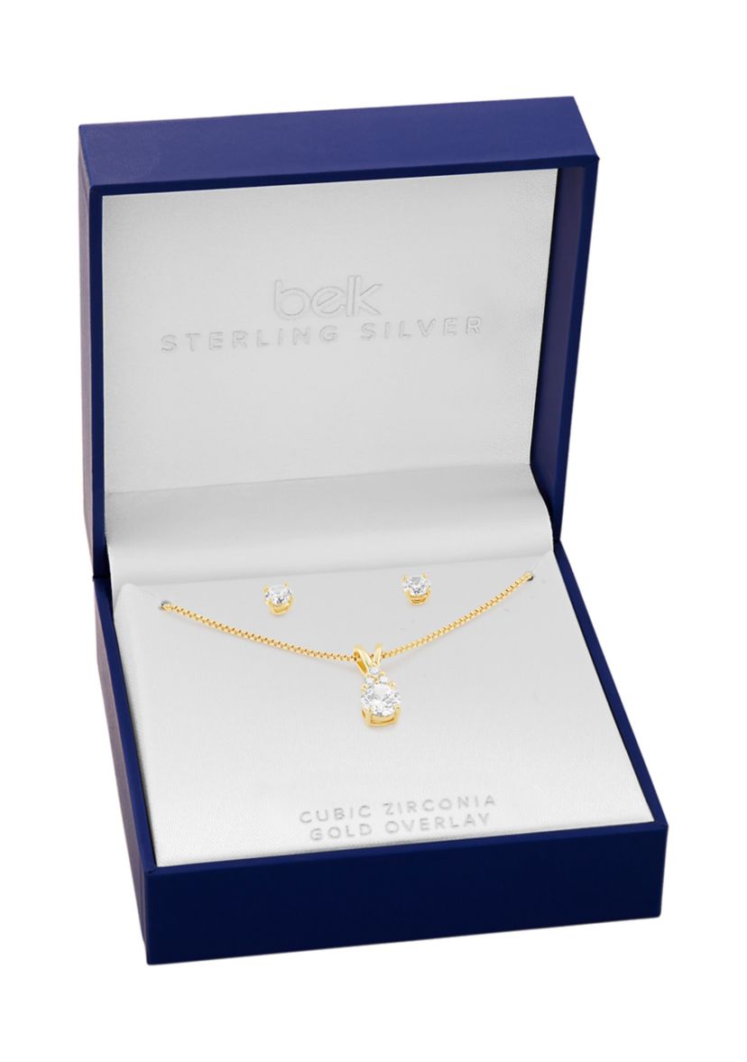 Gold Plated Sterling Silver Cubic Zirconia Round Studs & Round CZ Cluster Pendant Necklace Set