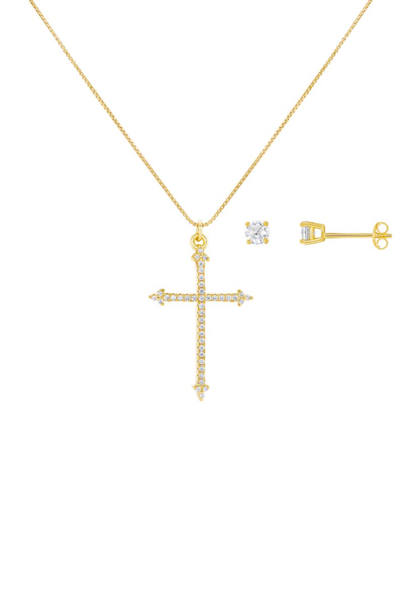 Sterling Silver Gold Plated Round Cubic Zirconia Studs Cross Pendant Set